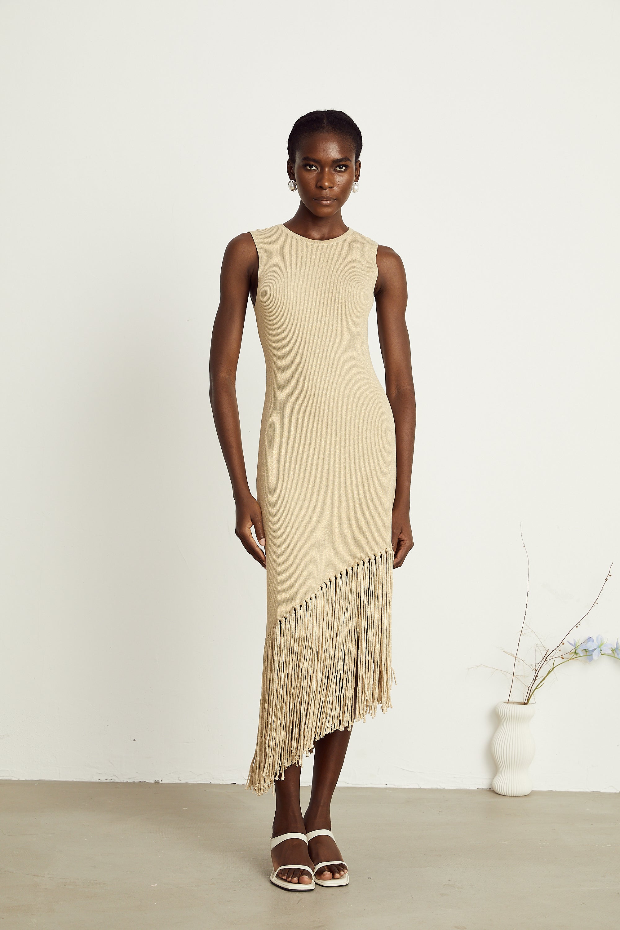 Sophie fringed asymmetric sleeveless midi dress