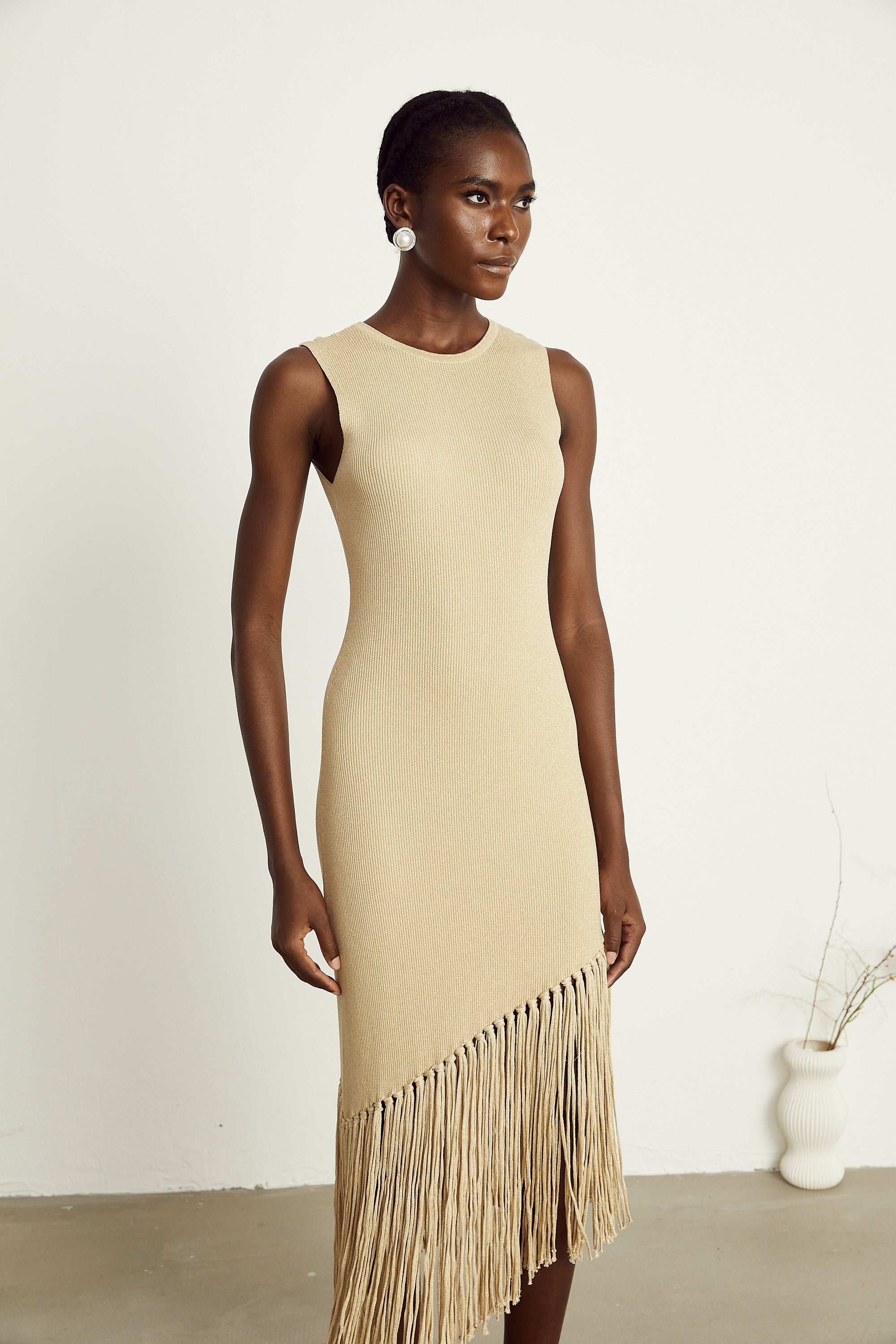 Sophie fringed asymmetric sleeveless midi dress