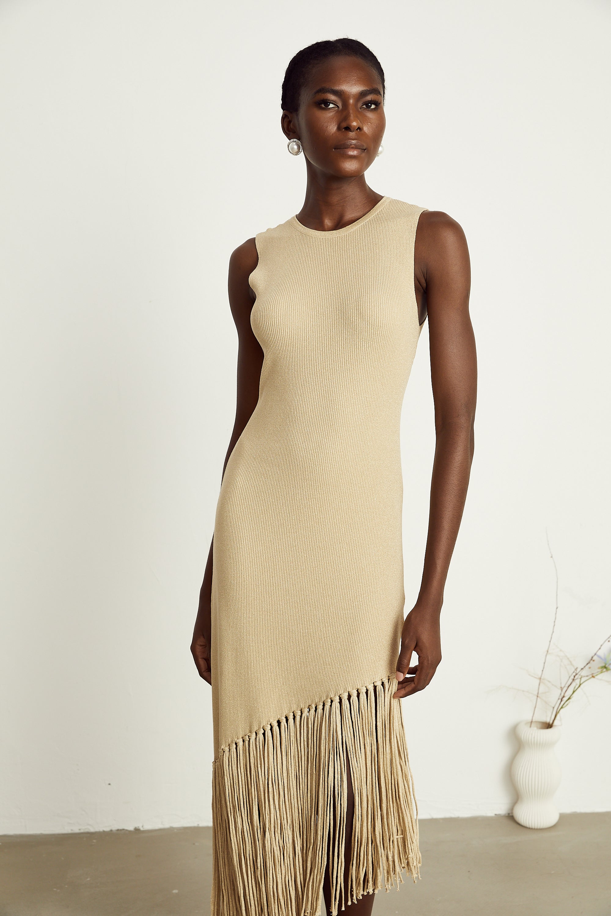 Sophie fringed asymmetric sleeveless midi dress