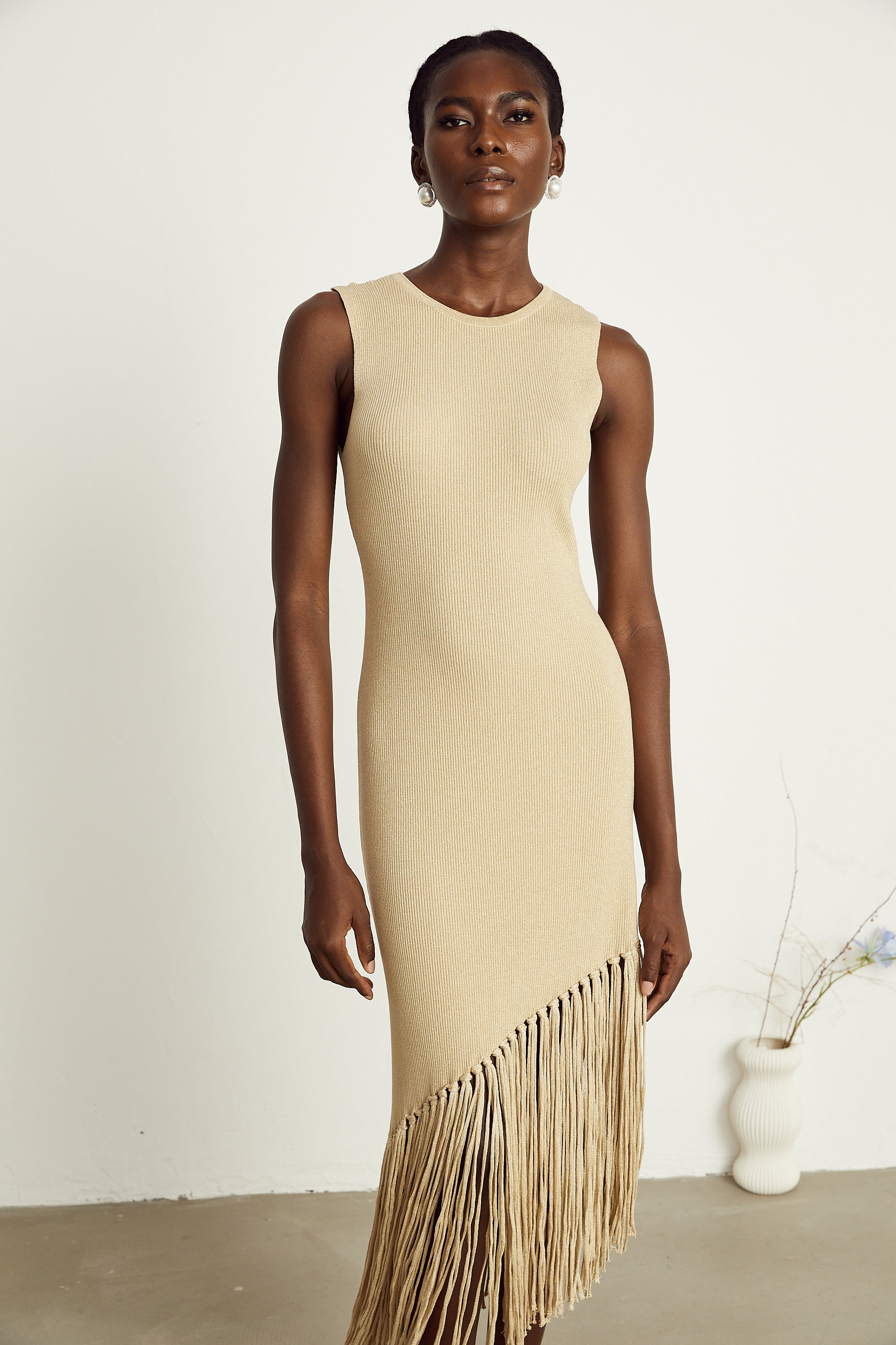 Sophie fringed asymmetric sleeveless midi dress