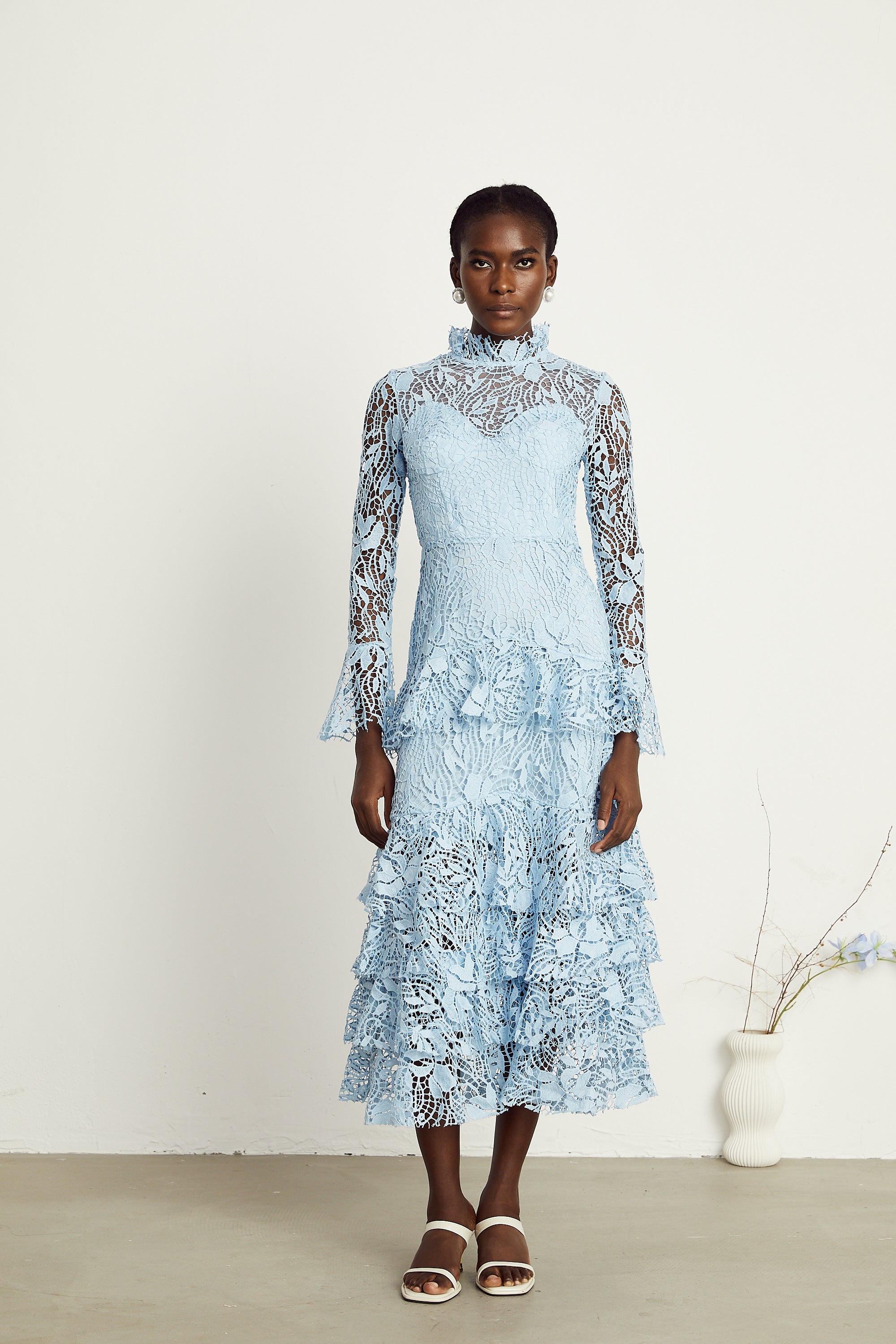 Pascale blue guipure-lace ruffle layered midi dress