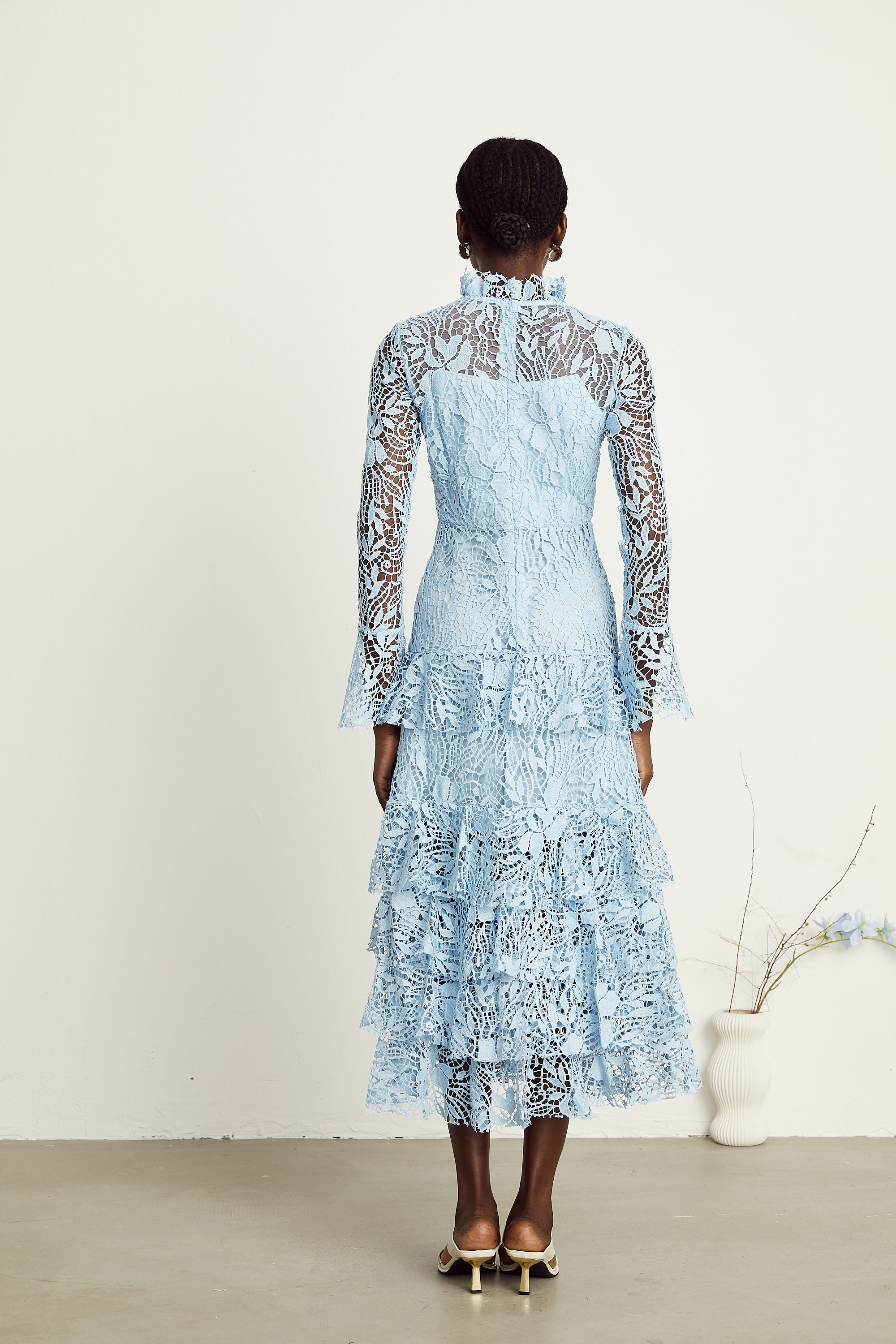 Pascale blue guipure-lace ruffle layered midi dress