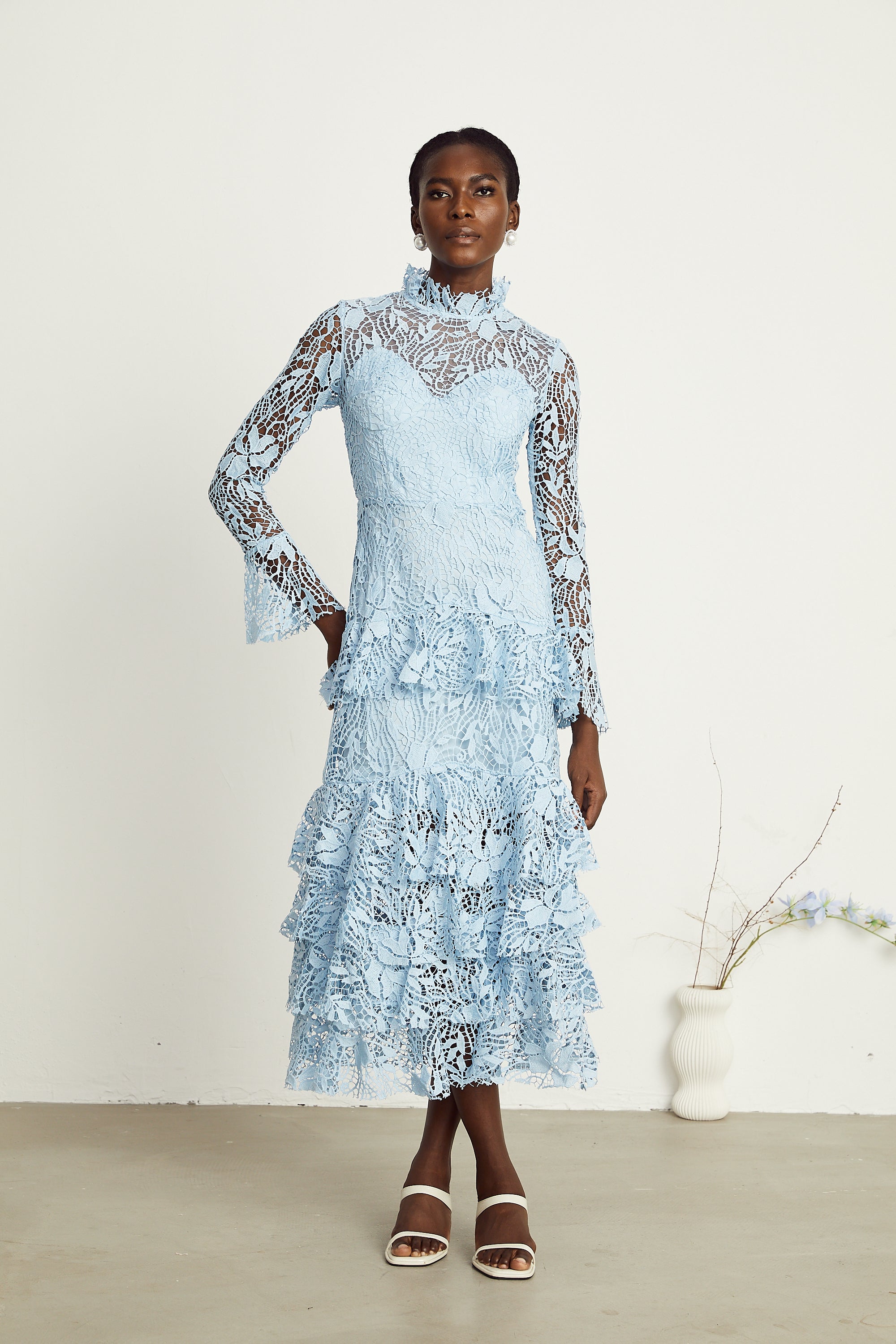 Pascale blue guipure-lace ruffle layered midi dress