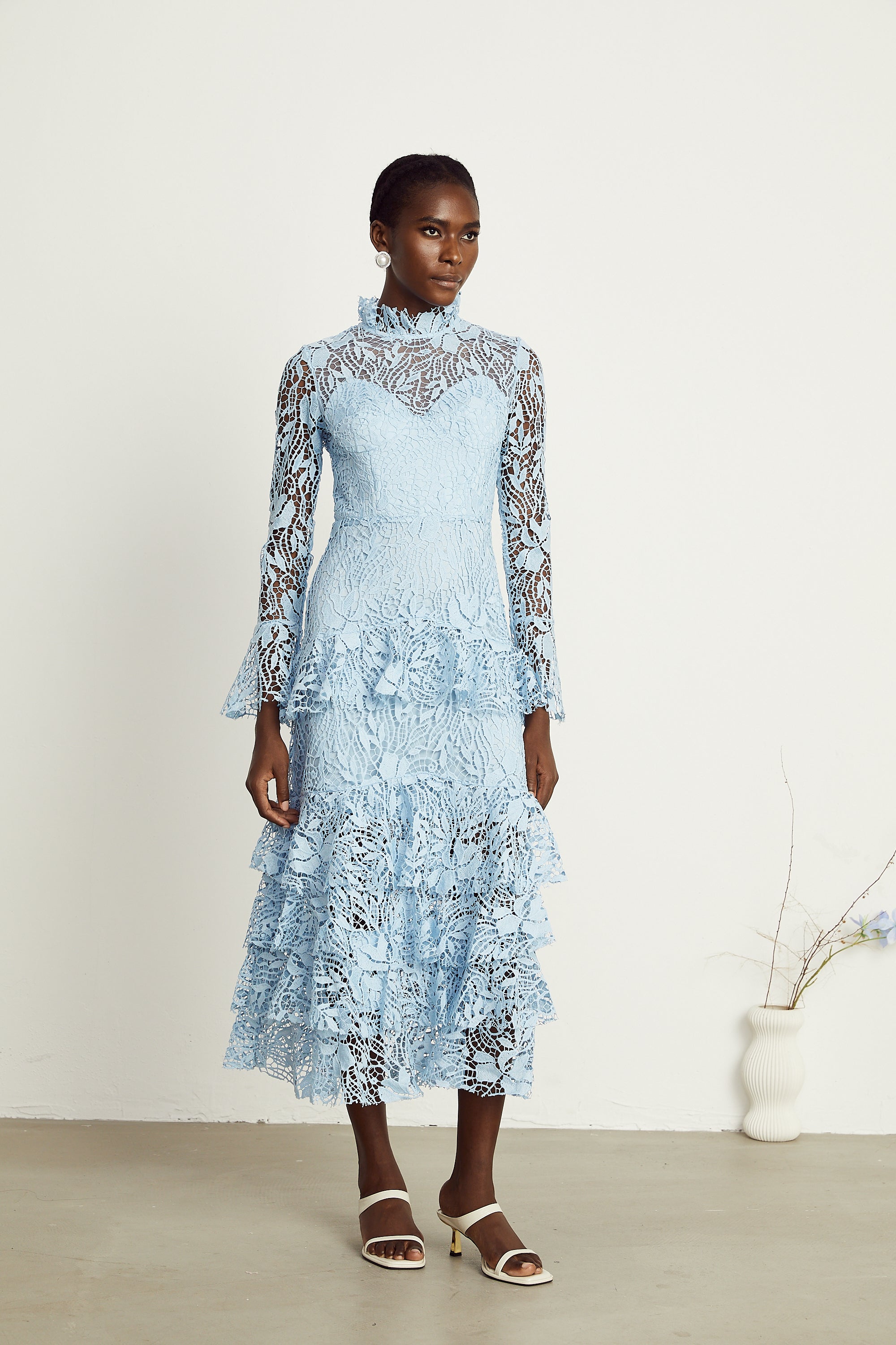 Pascale blue guipure-lace ruffle layered midi dress