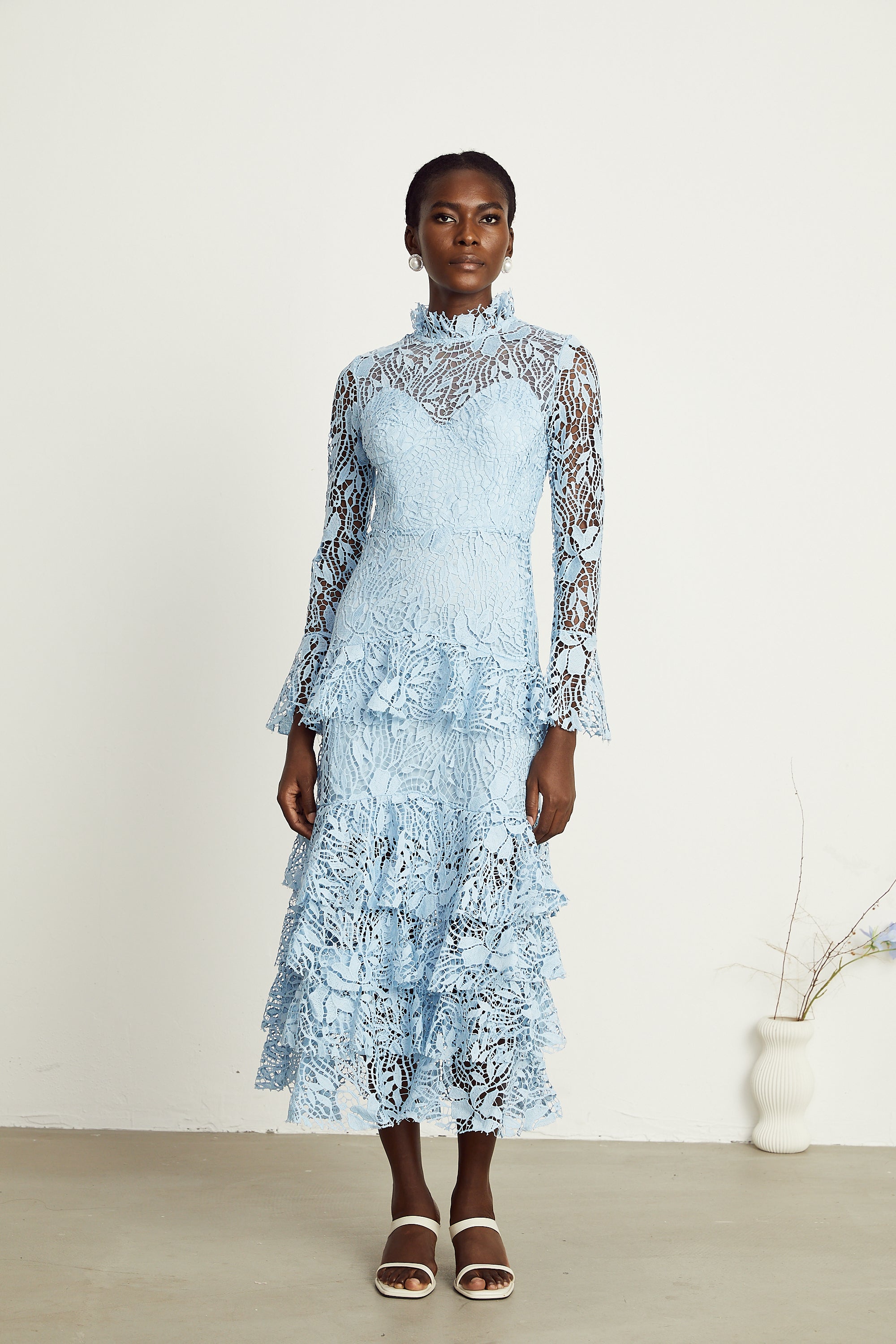 Pascale blue guipure-lace ruffle layered midi dress