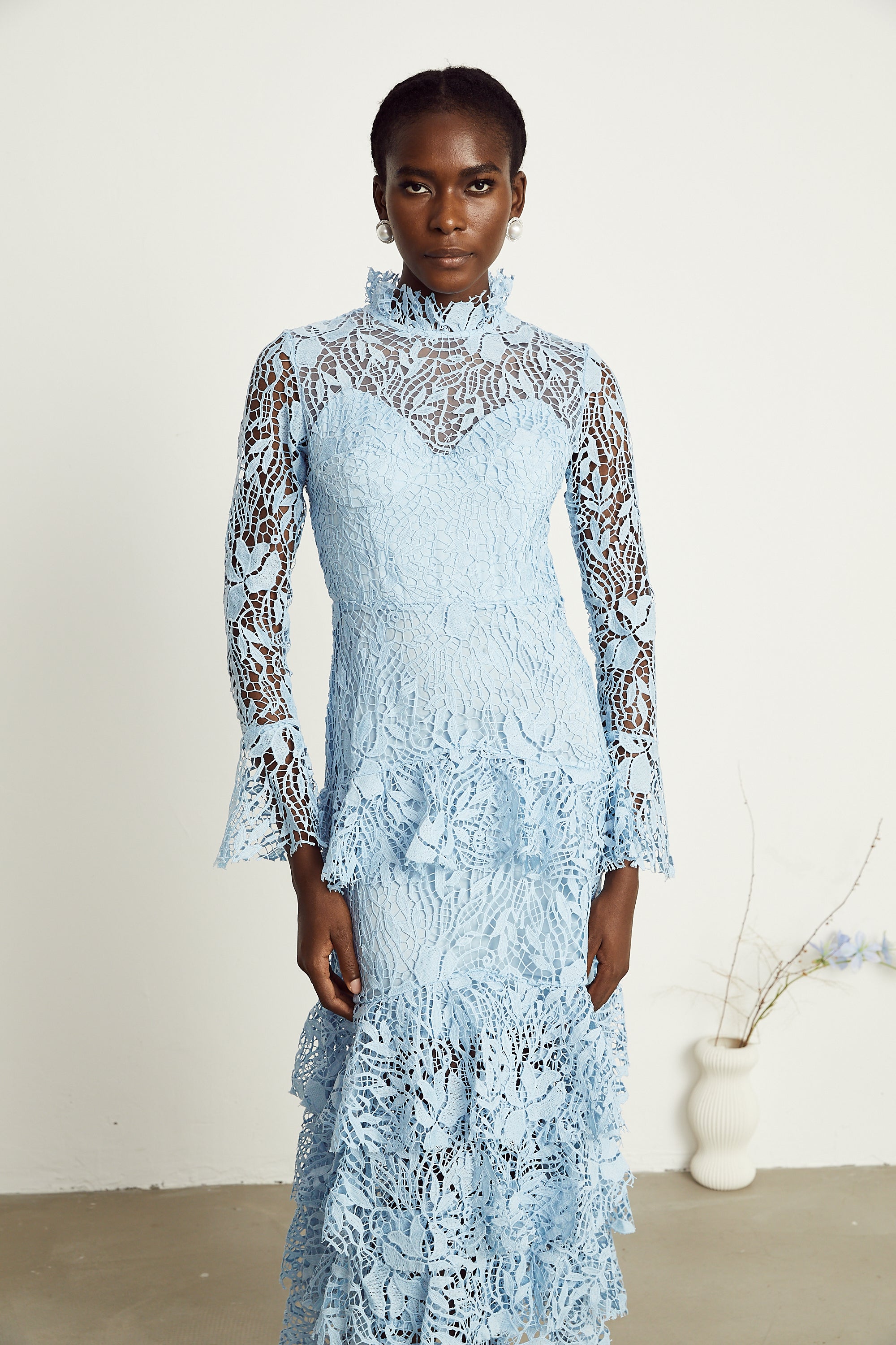 Pascale blue guipure-lace ruffle layered midi dress