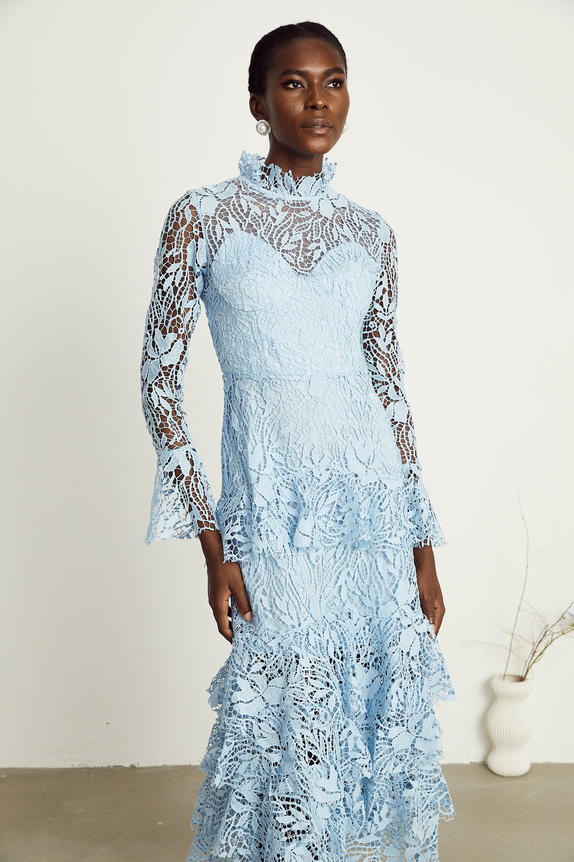 Pascale blue guipure-lace ruffle layered midi dress