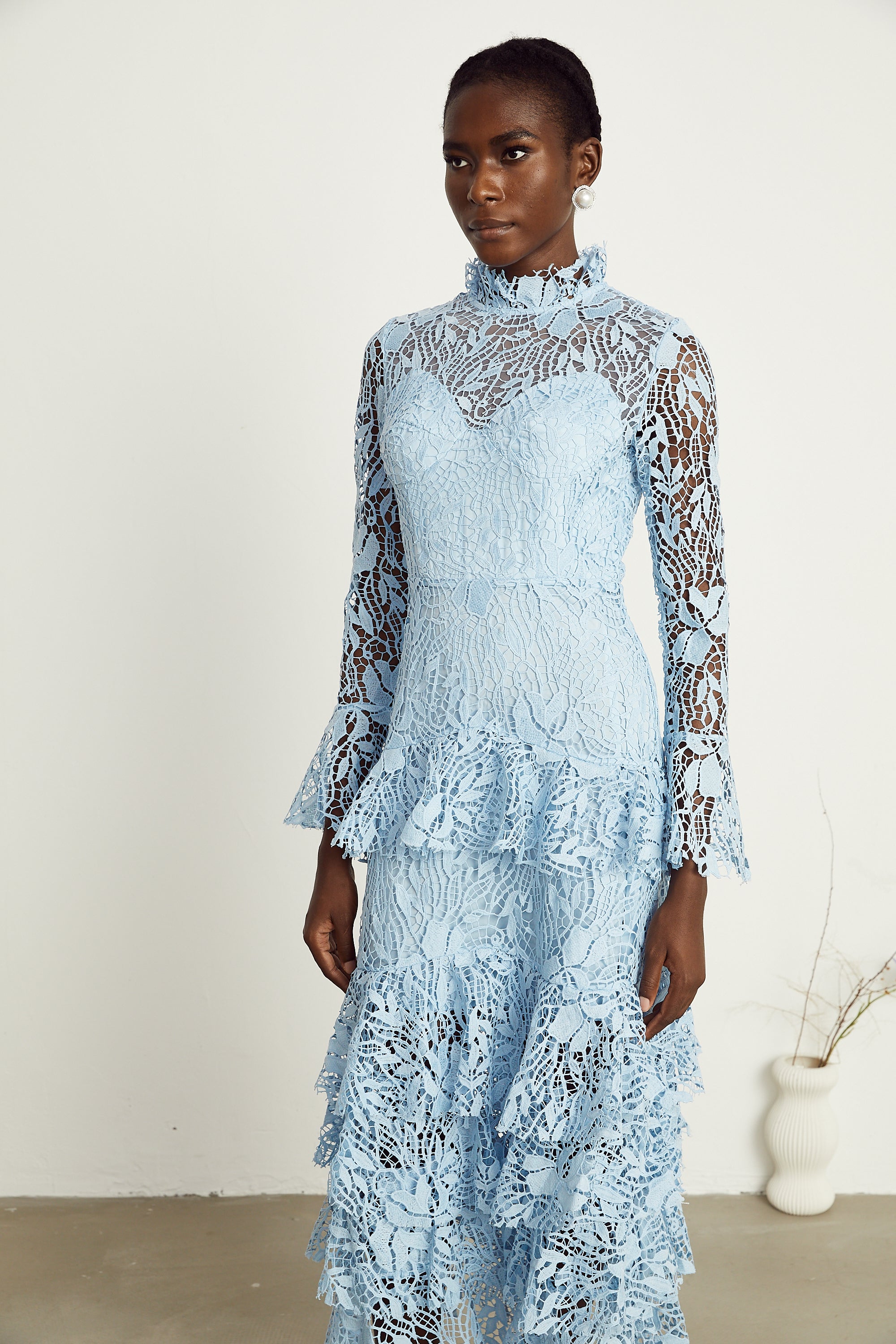 Pascale blue guipure-lace ruffle layered midi dress