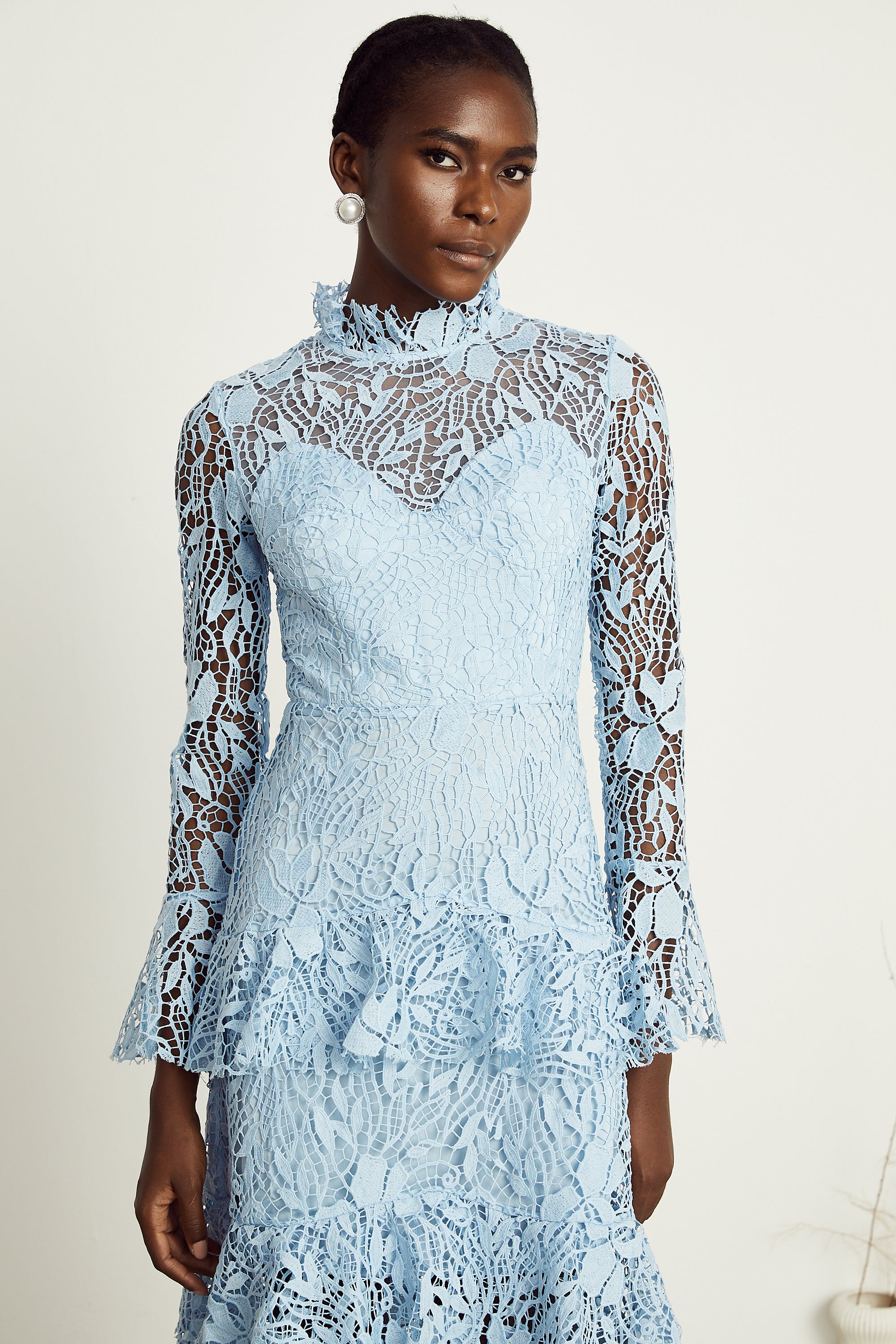 Pascale blue guipure-lace ruffle layered midi dress