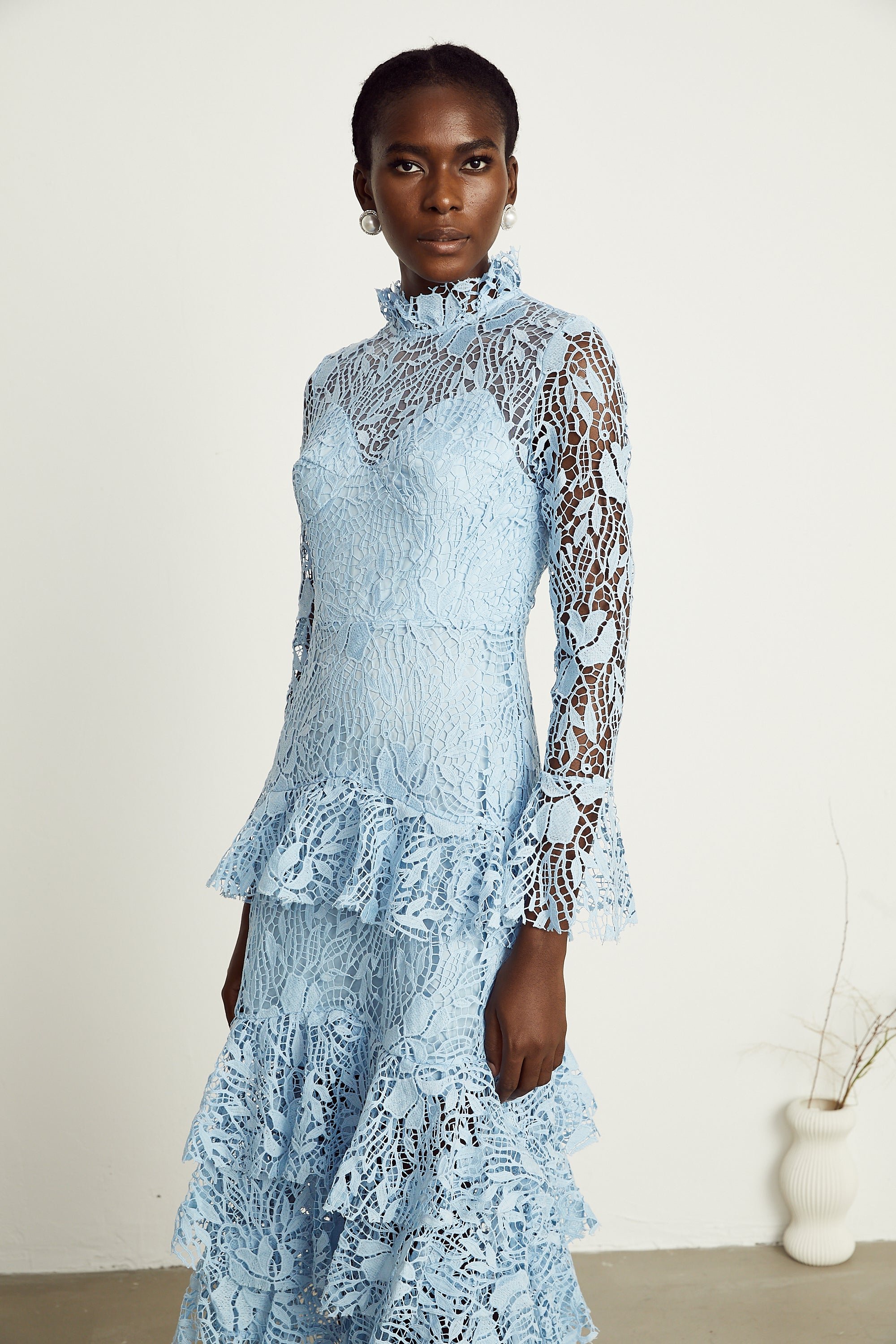 Pascale blue guipure-lace ruffle layered midi dress