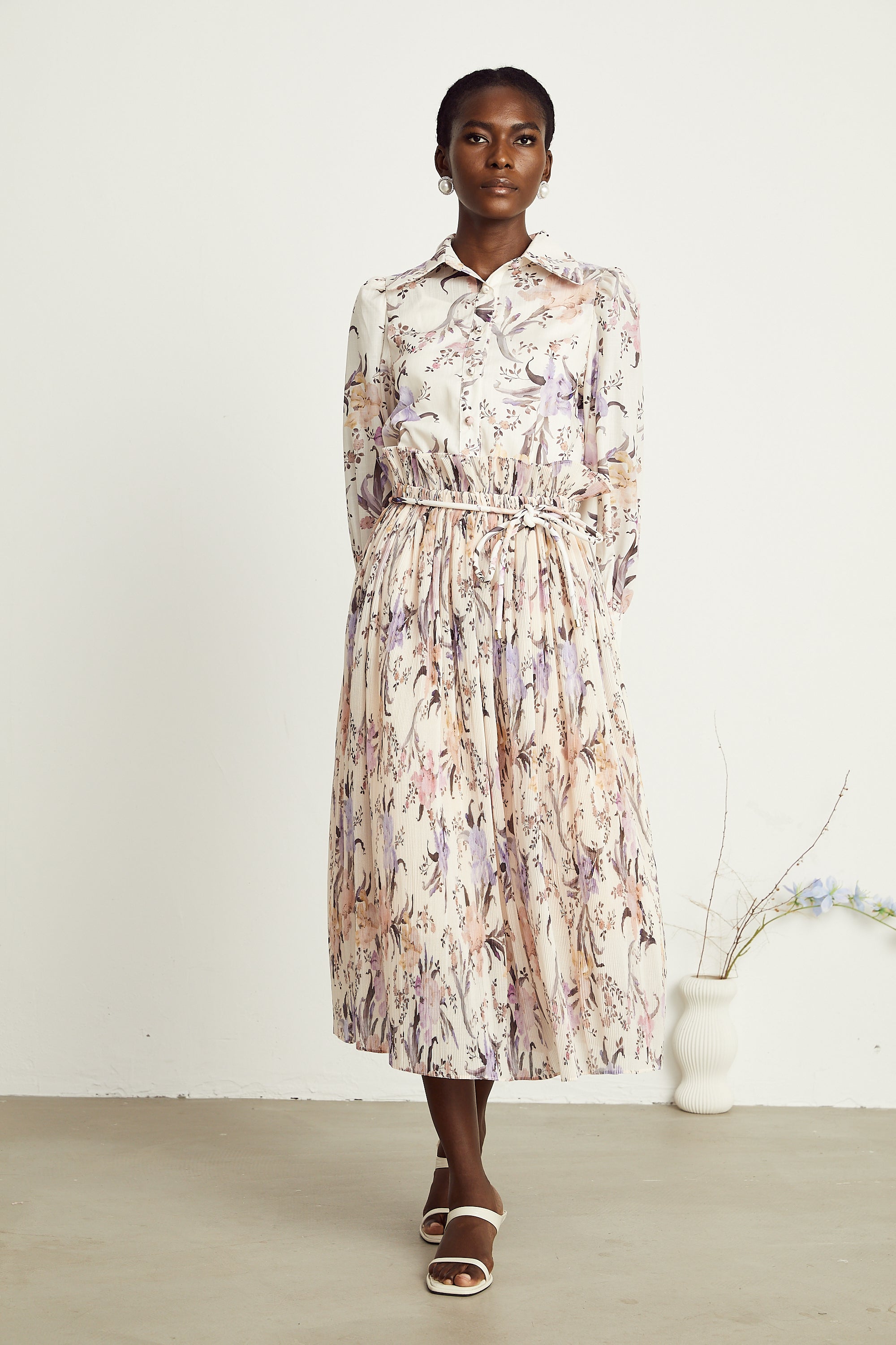 Mathilde floral tied-waist pleated midi dress