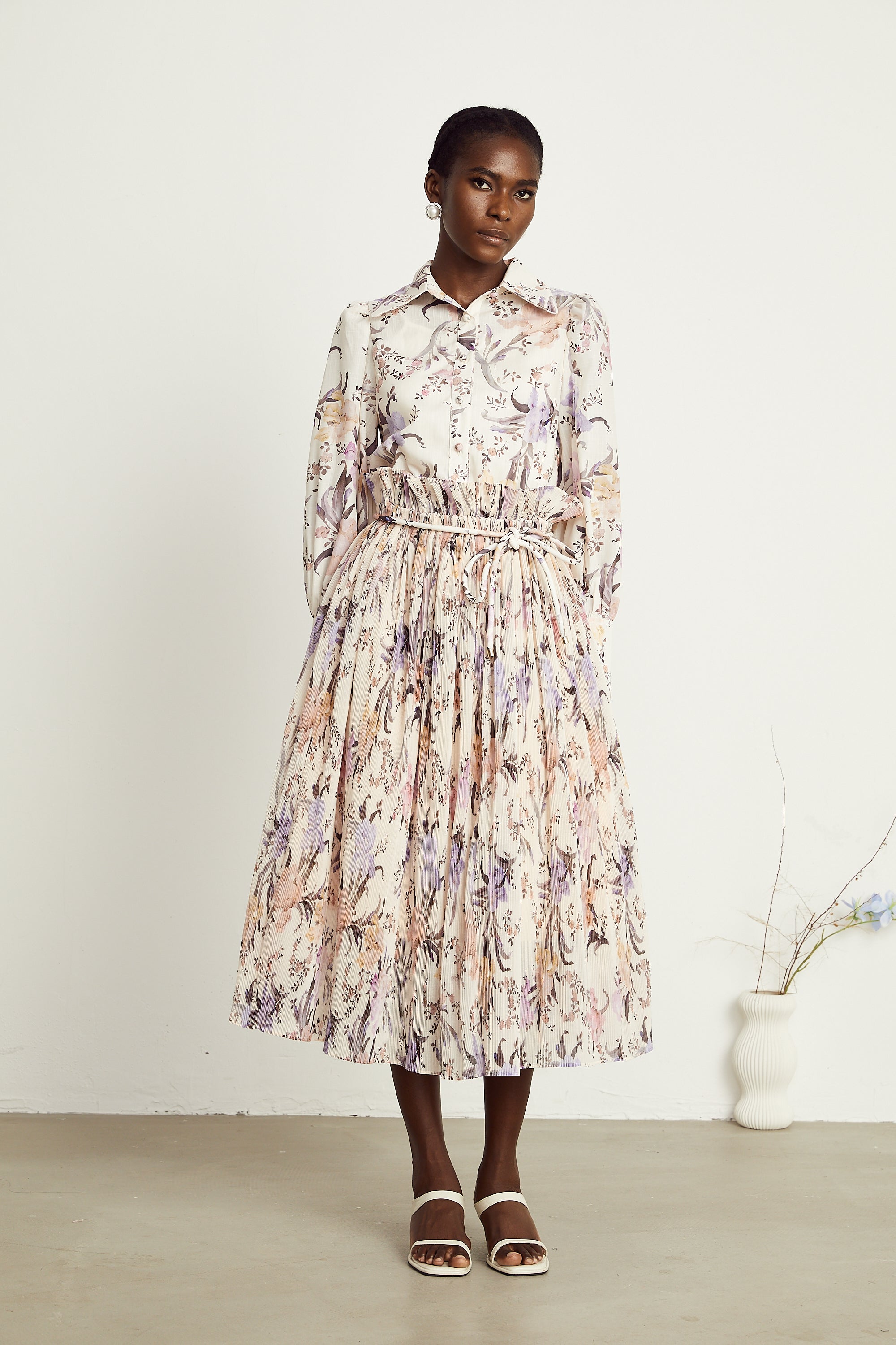 Mathilde floral tied-waist pleated midi dress