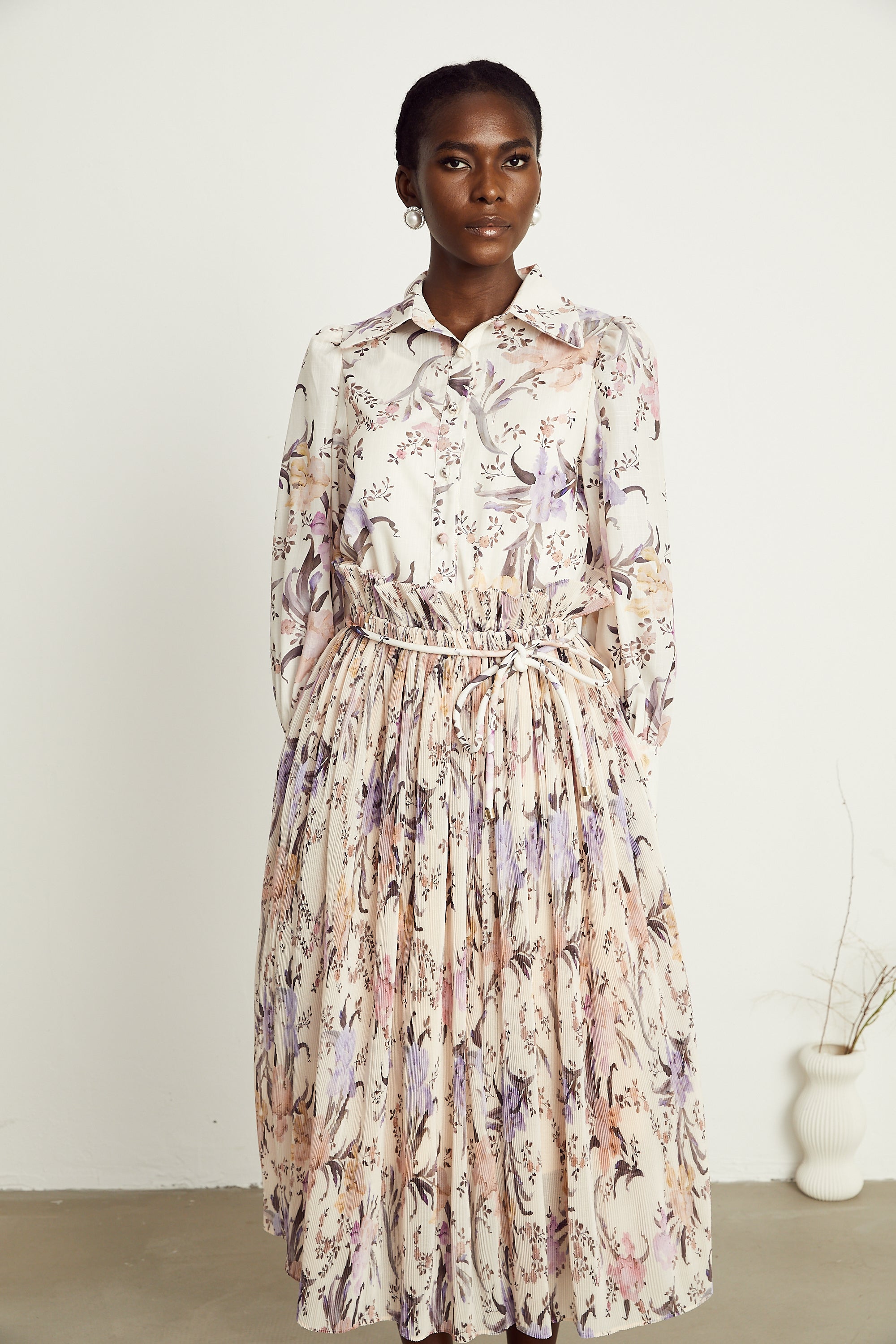 Mathilde floral tied-waist pleated midi dress