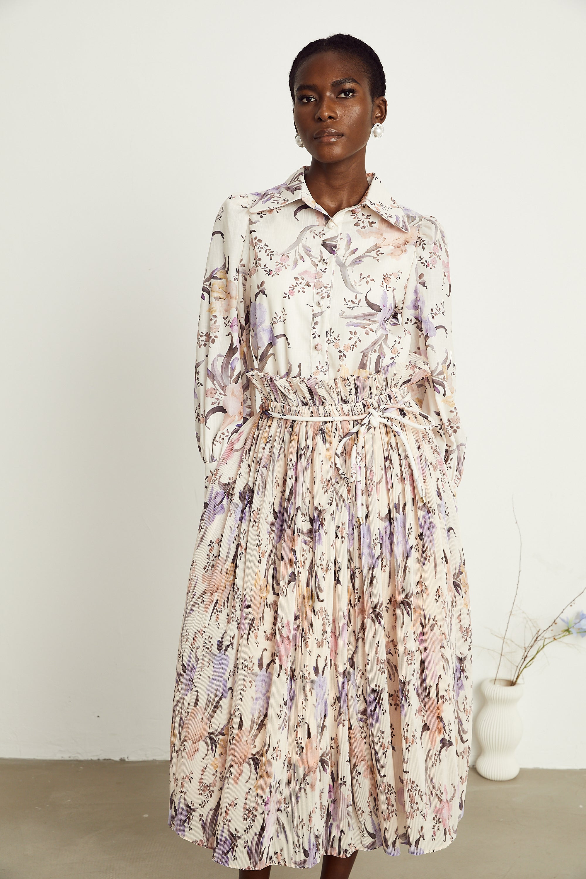 Mathilde floral tied-waist pleated midi dress