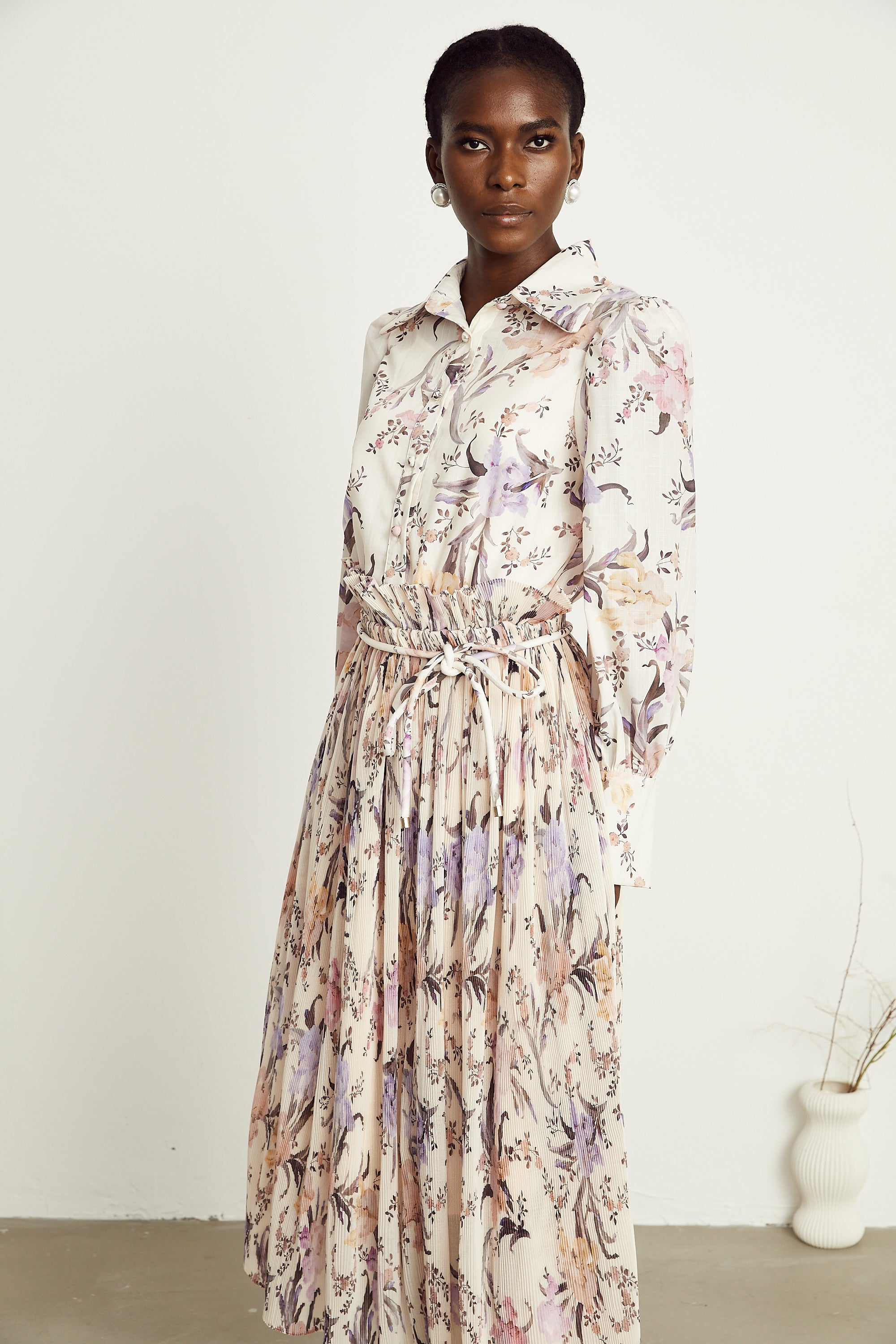 Mathilde floral tied-waist pleated midi dress