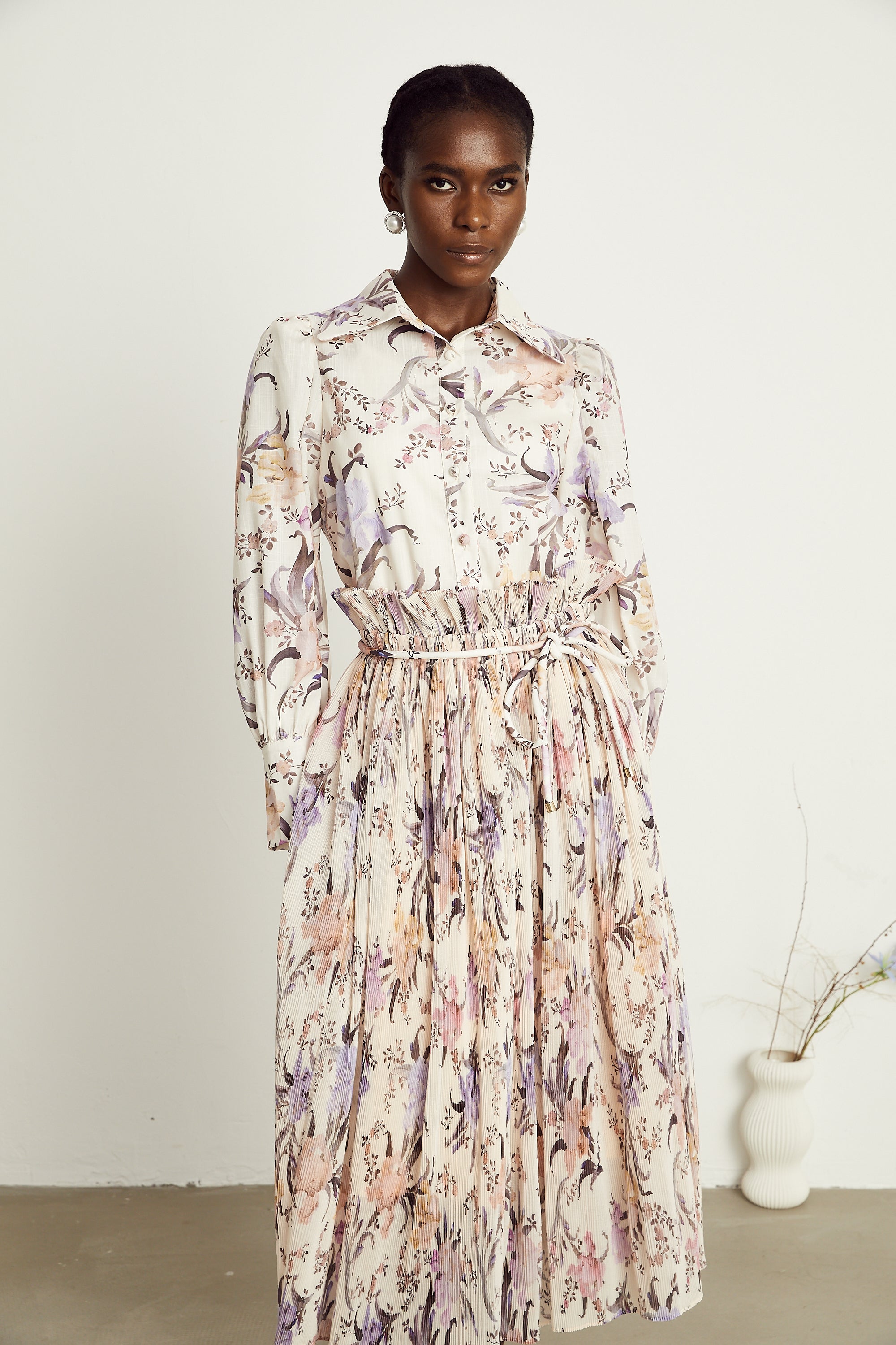 Mathilde floral tied-waist pleated midi dress