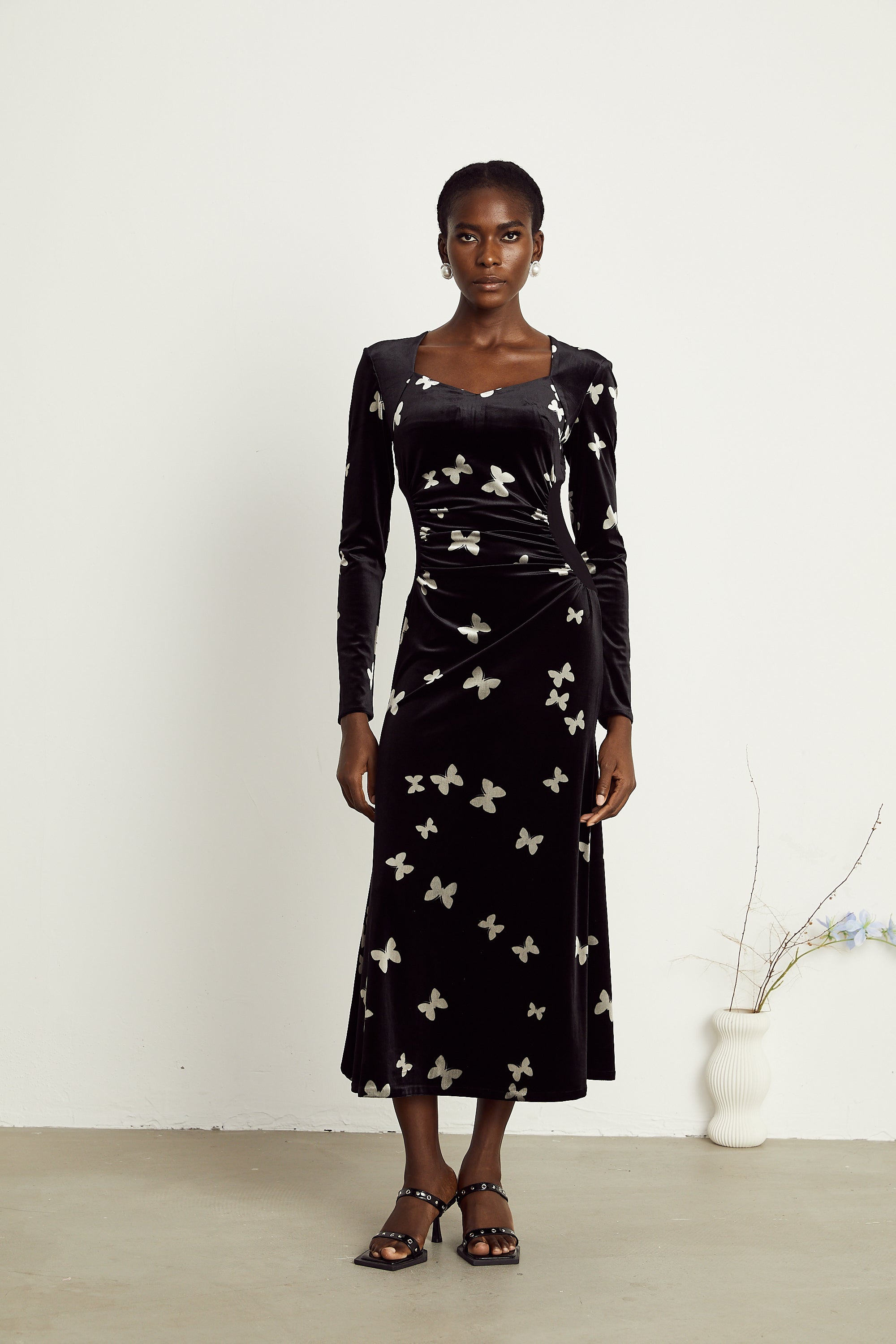 Amelina black butterfly-pattern velvet maxi dress