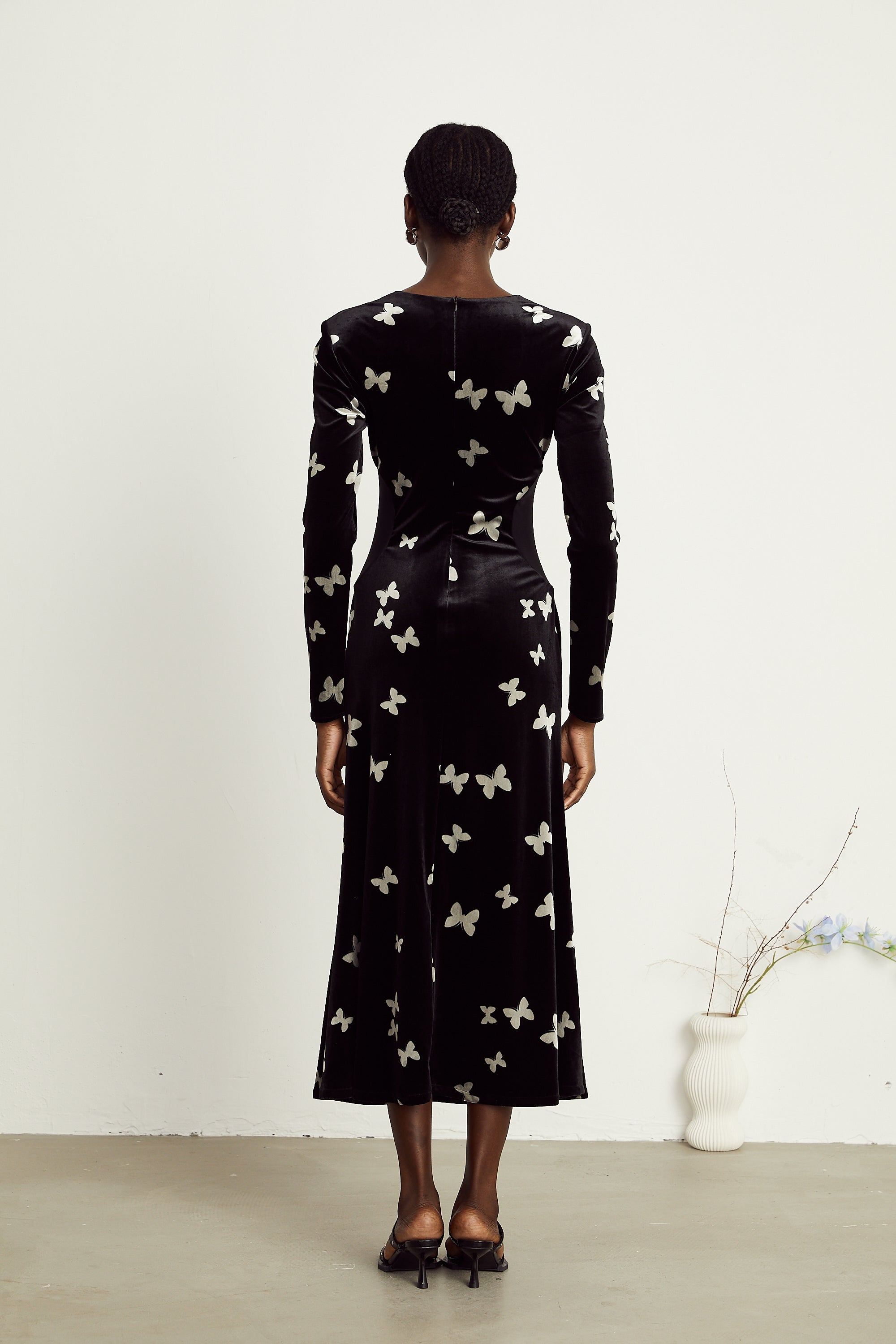 Amelina black butterfly-pattern velvet maxi dress