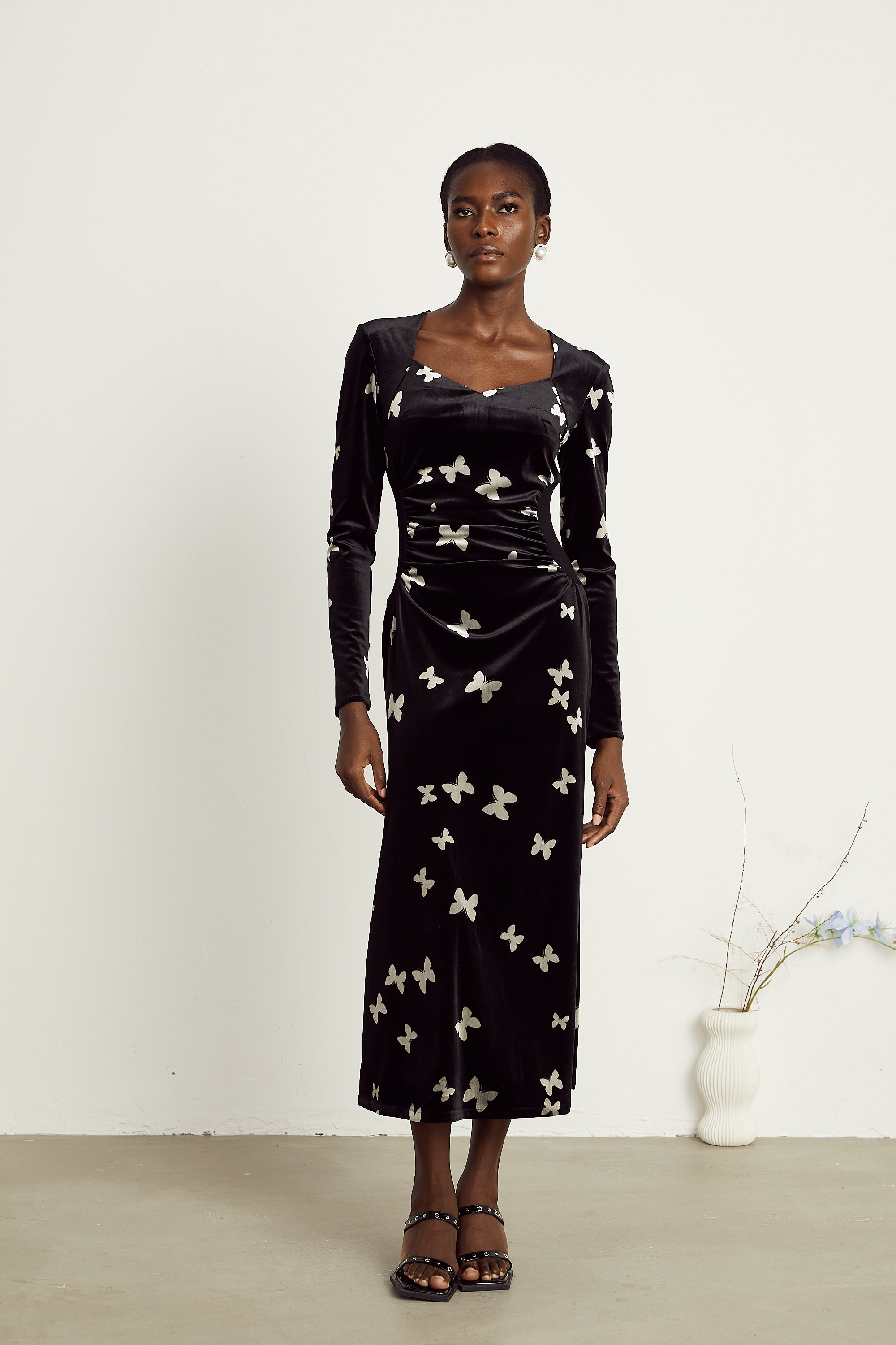 Amelina black butterfly-pattern velvet maxi dress