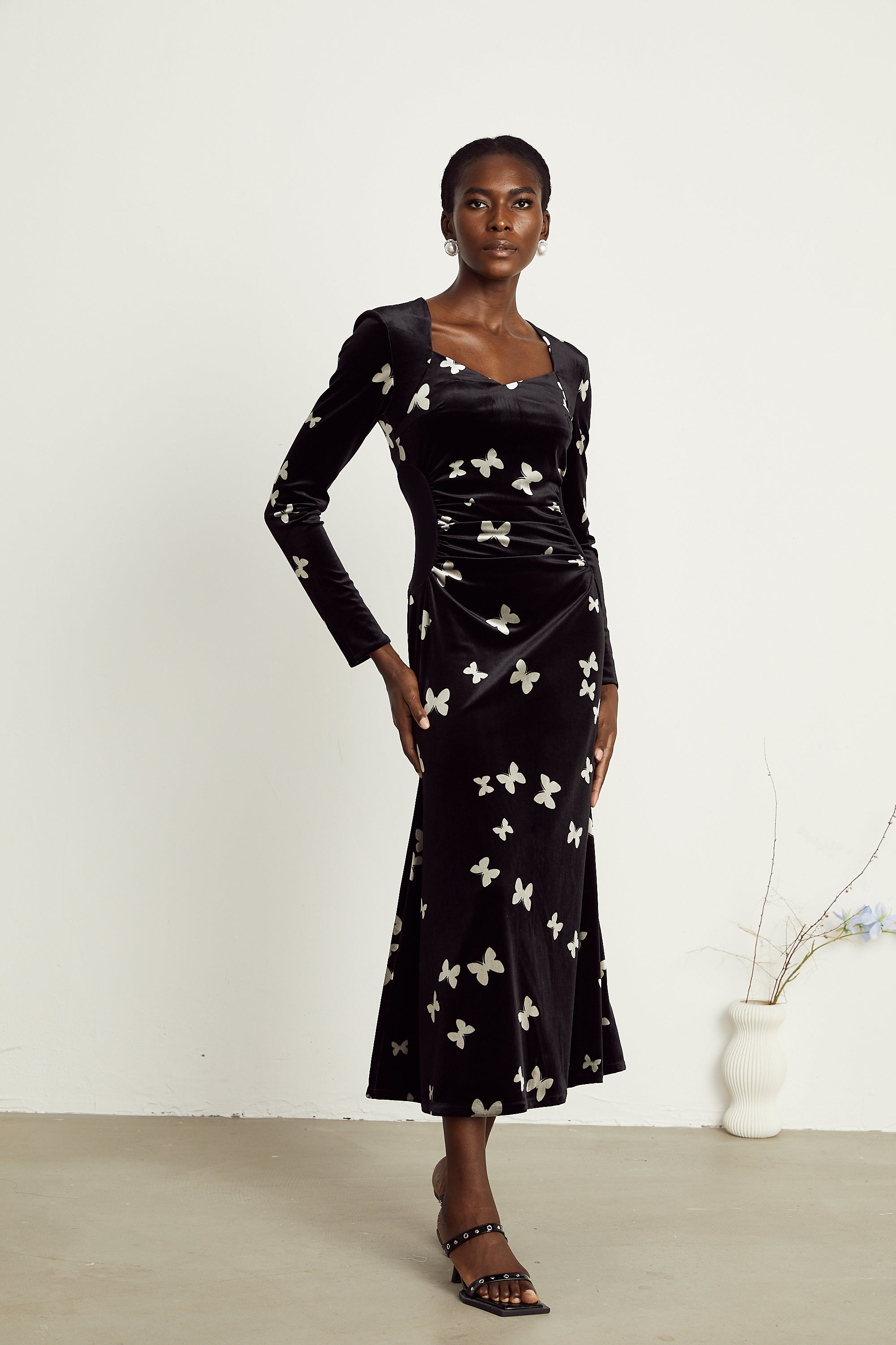 Amelina black butterfly-pattern velvet maxi dress