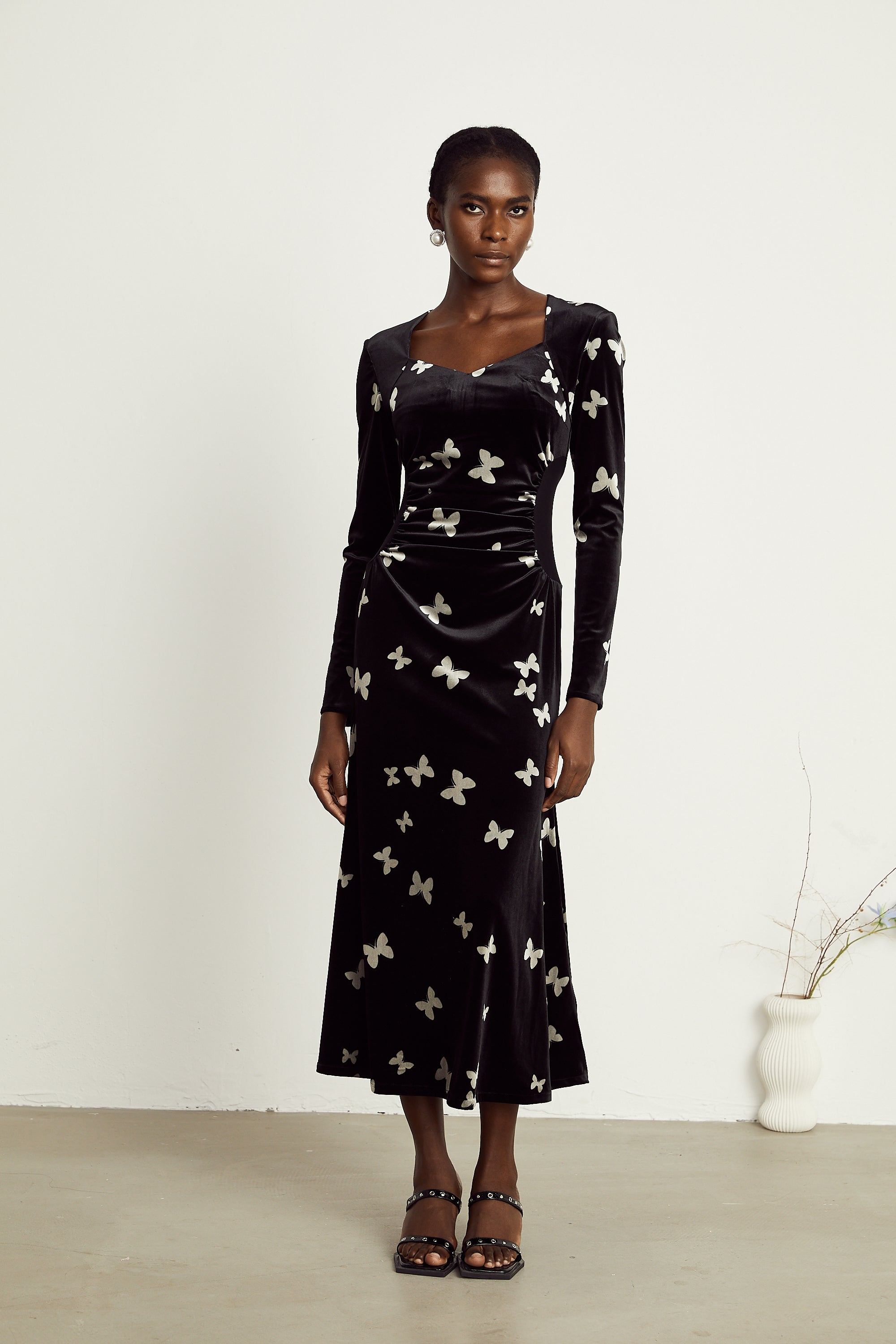 Amelina black butterfly-pattern velvet maxi dress