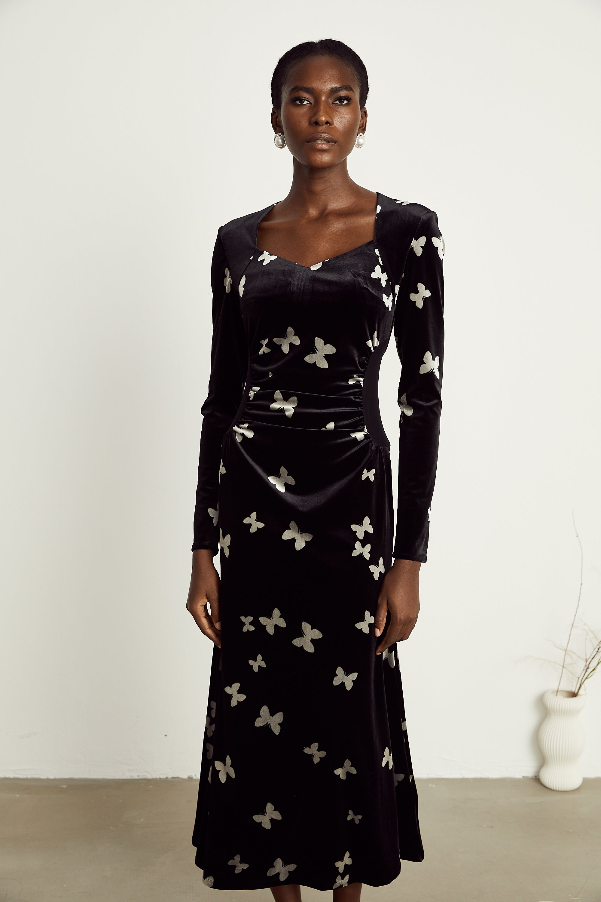 Amelina black butterfly-pattern velvet maxi dress