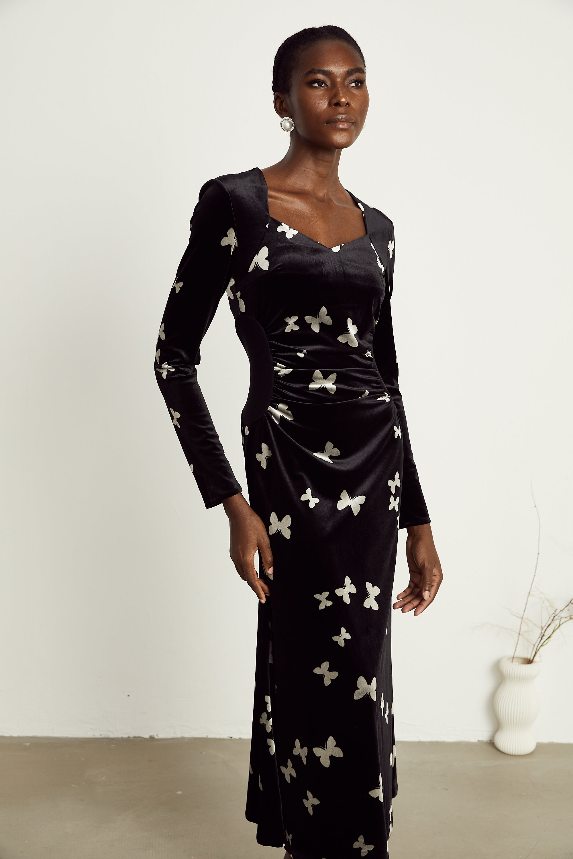 Amelina black butterfly-pattern velvet maxi dress