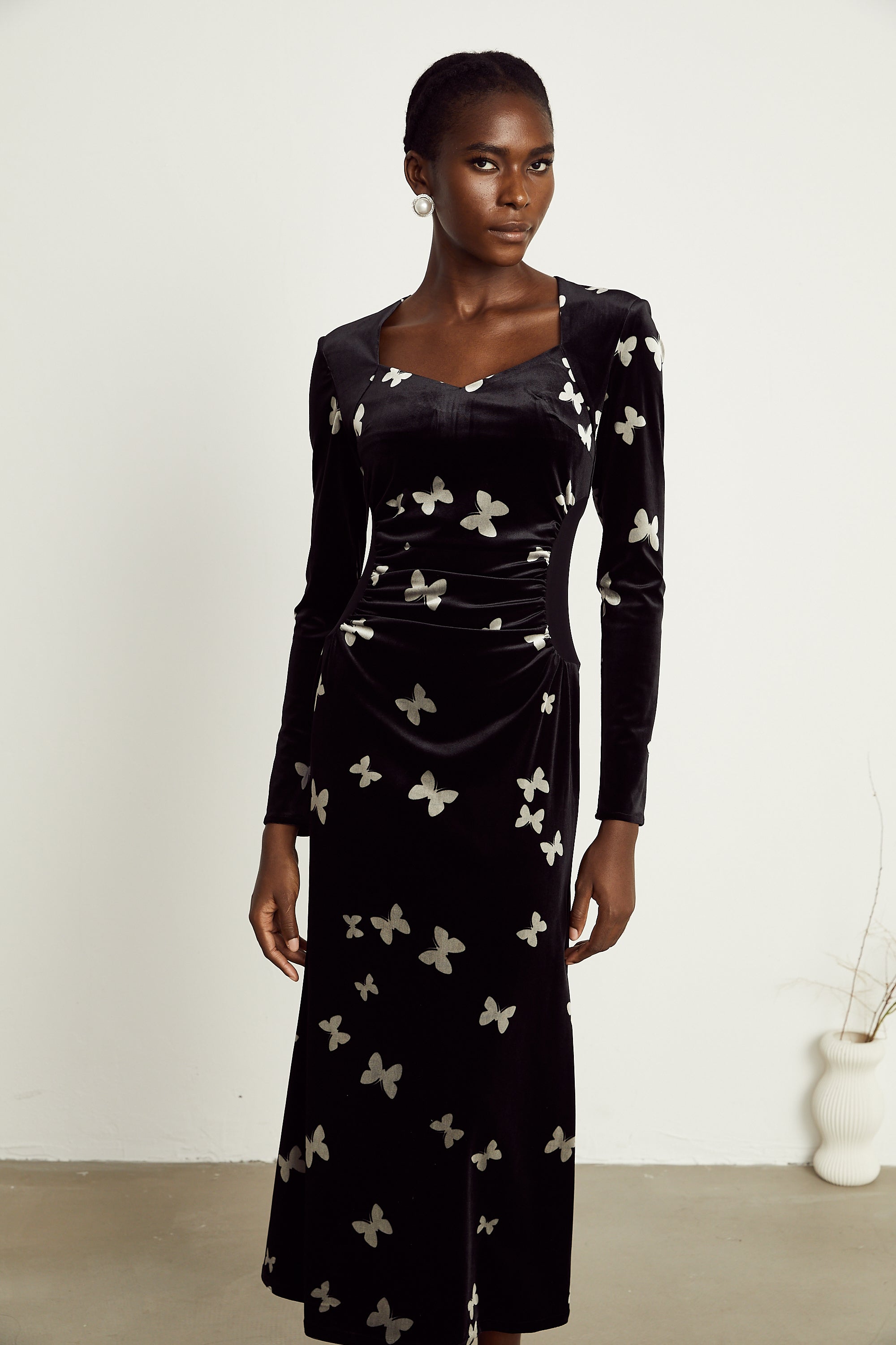 Amelina black butterfly-pattern velvet maxi dress