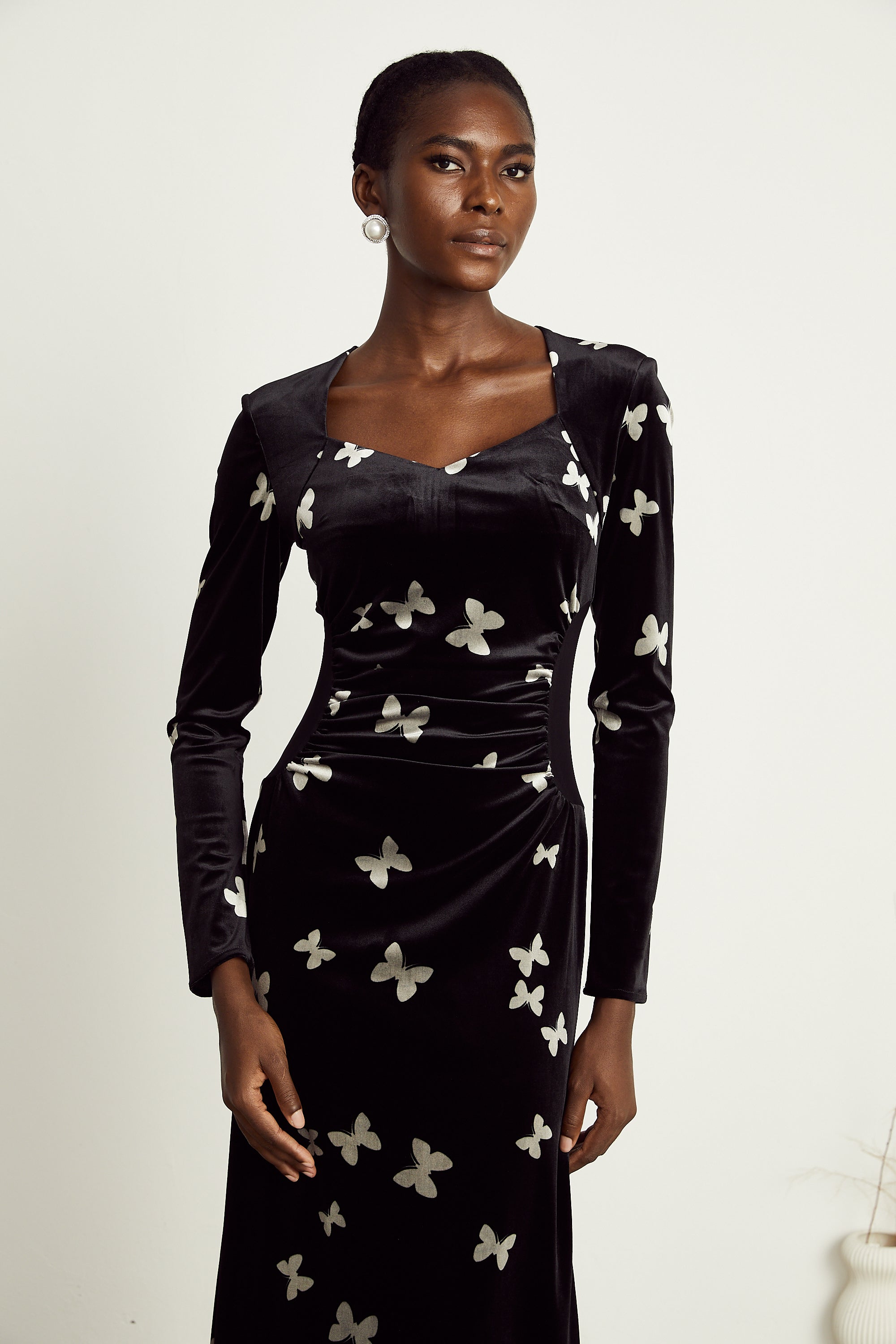 Amelina black butterfly-pattern velvet maxi dress