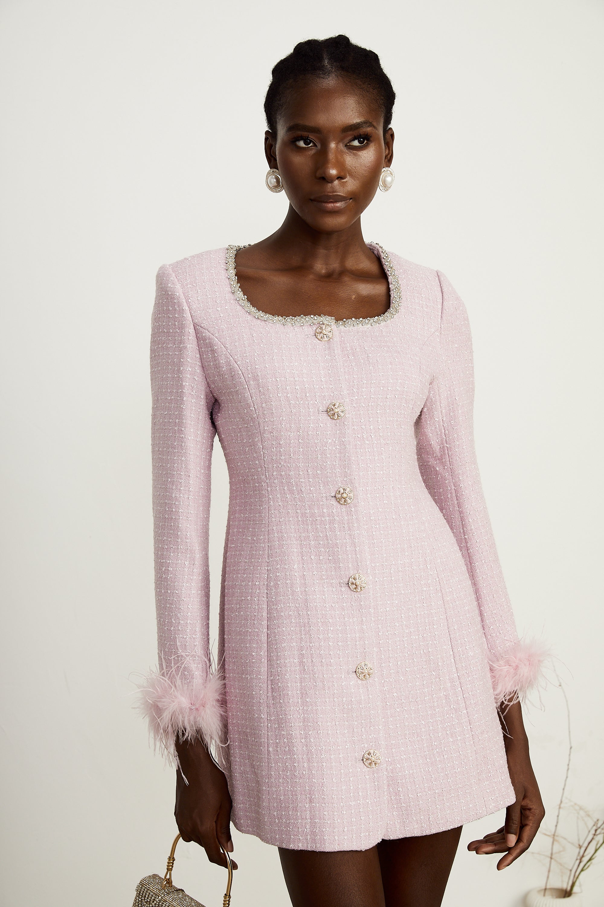 Adèleine pink embellished feather-trimmed mini dress