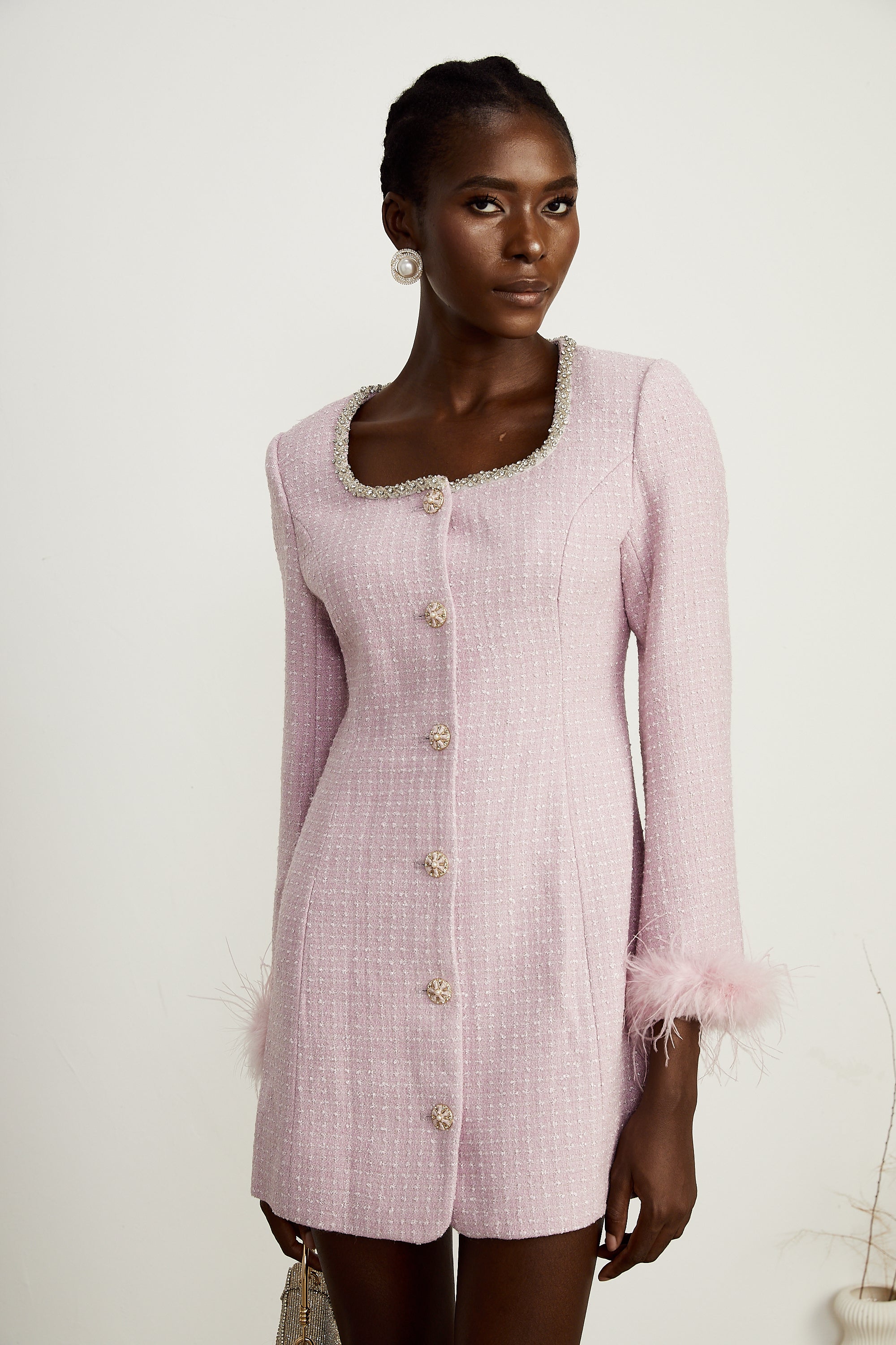 Adèleine pink embellished feather-trimmed mini dress