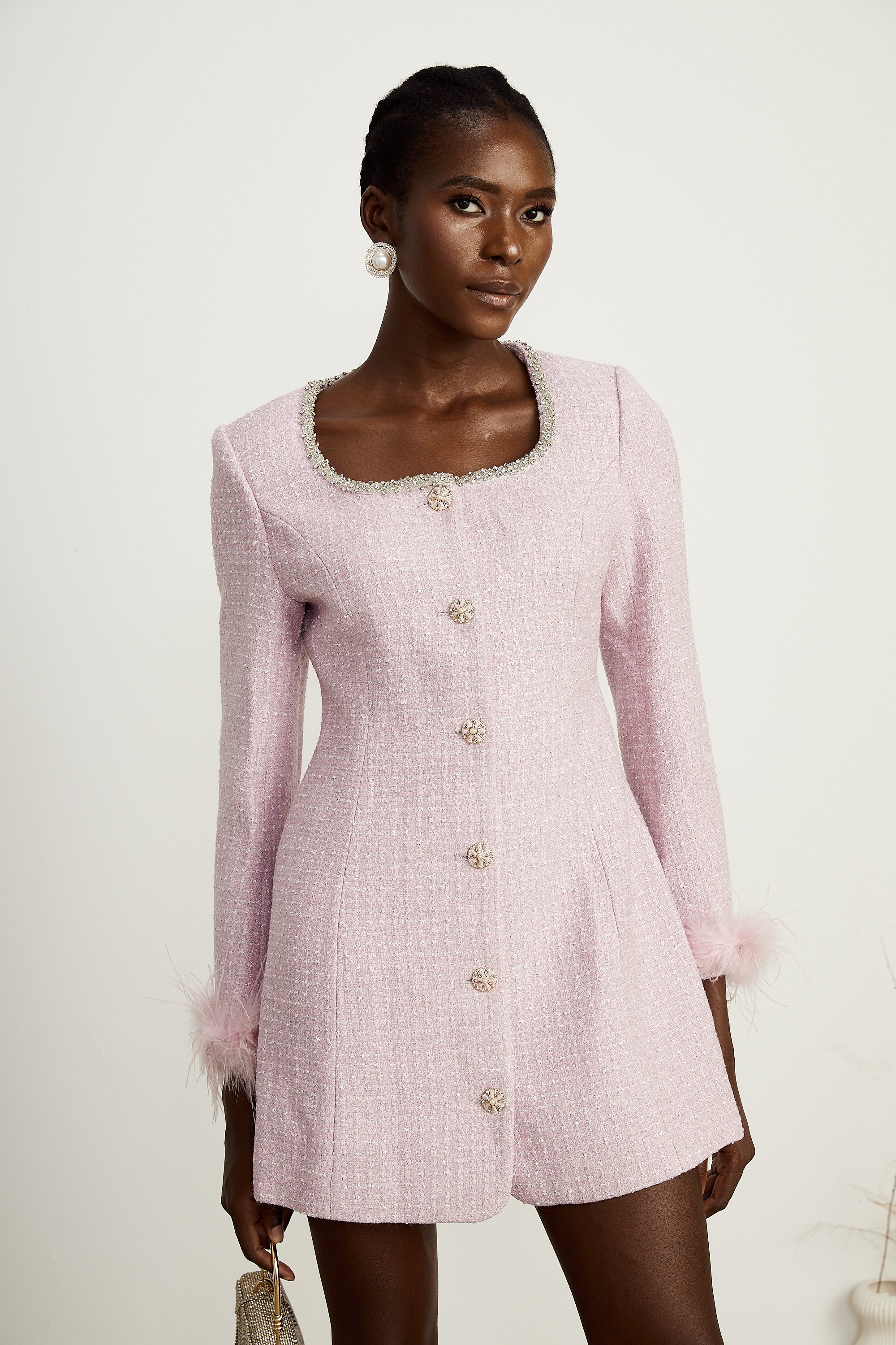 Adèleine pink embellished feather-trimmed mini dress