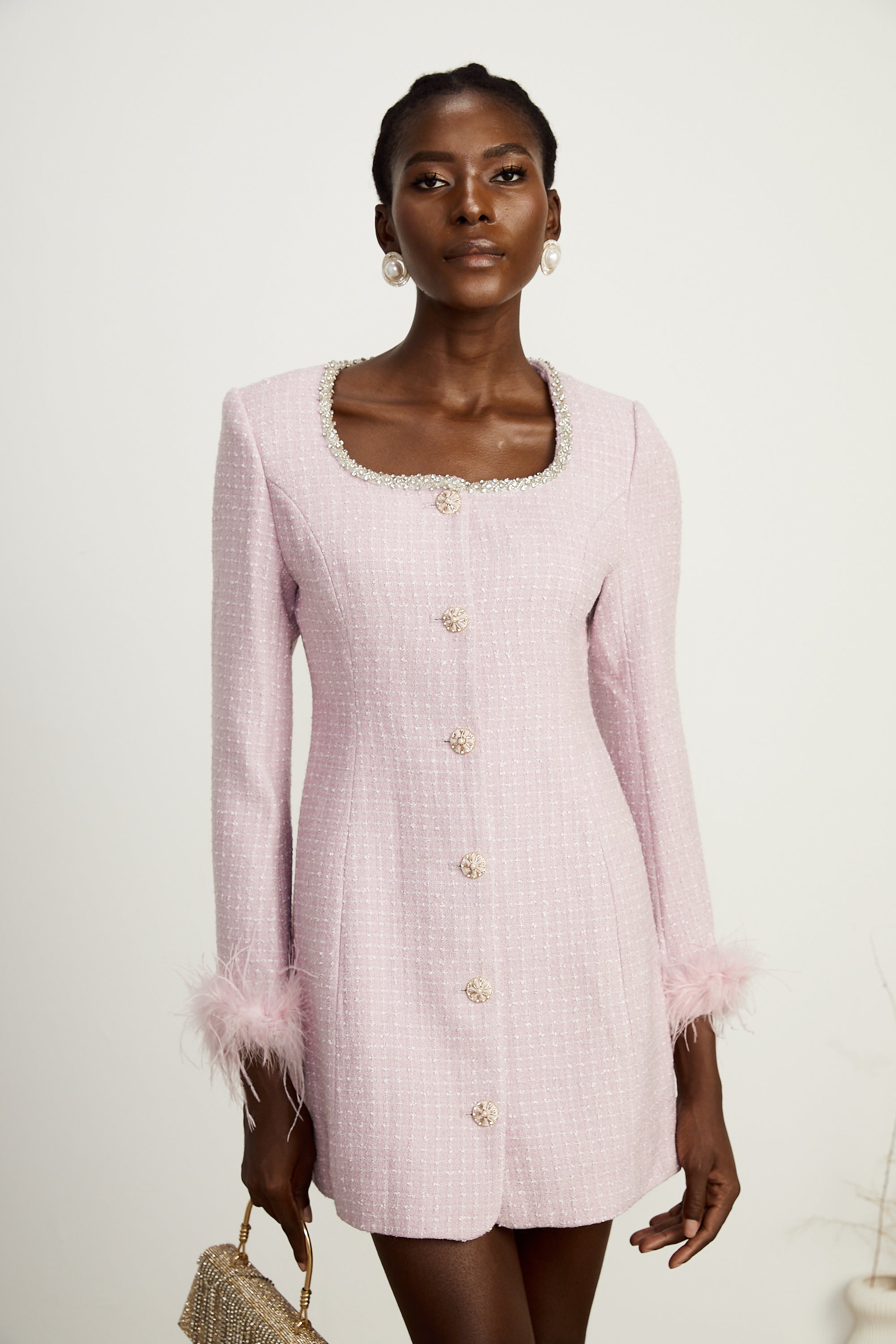 Adèleine pink embellished feather-trimmed mini dress