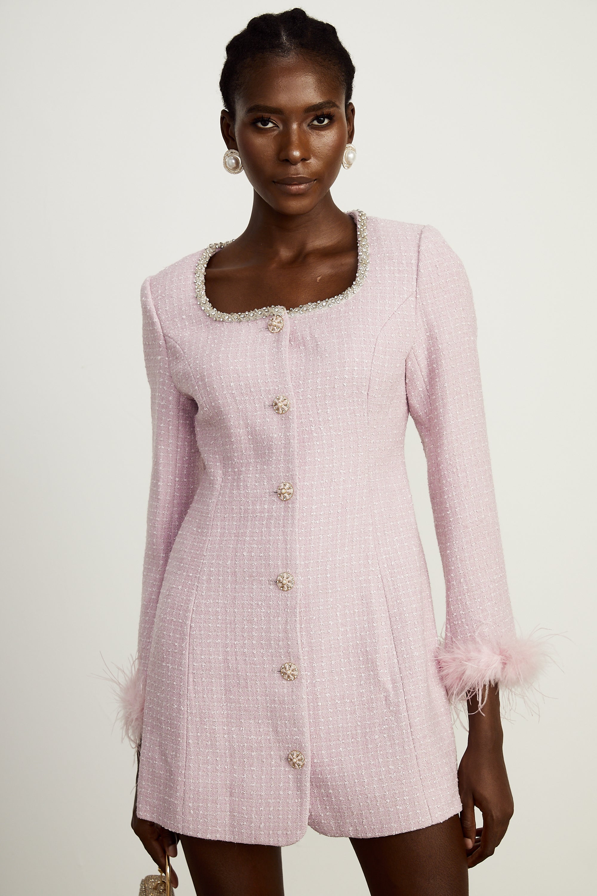 Adèleine pink embellished feather-trimmed mini dress