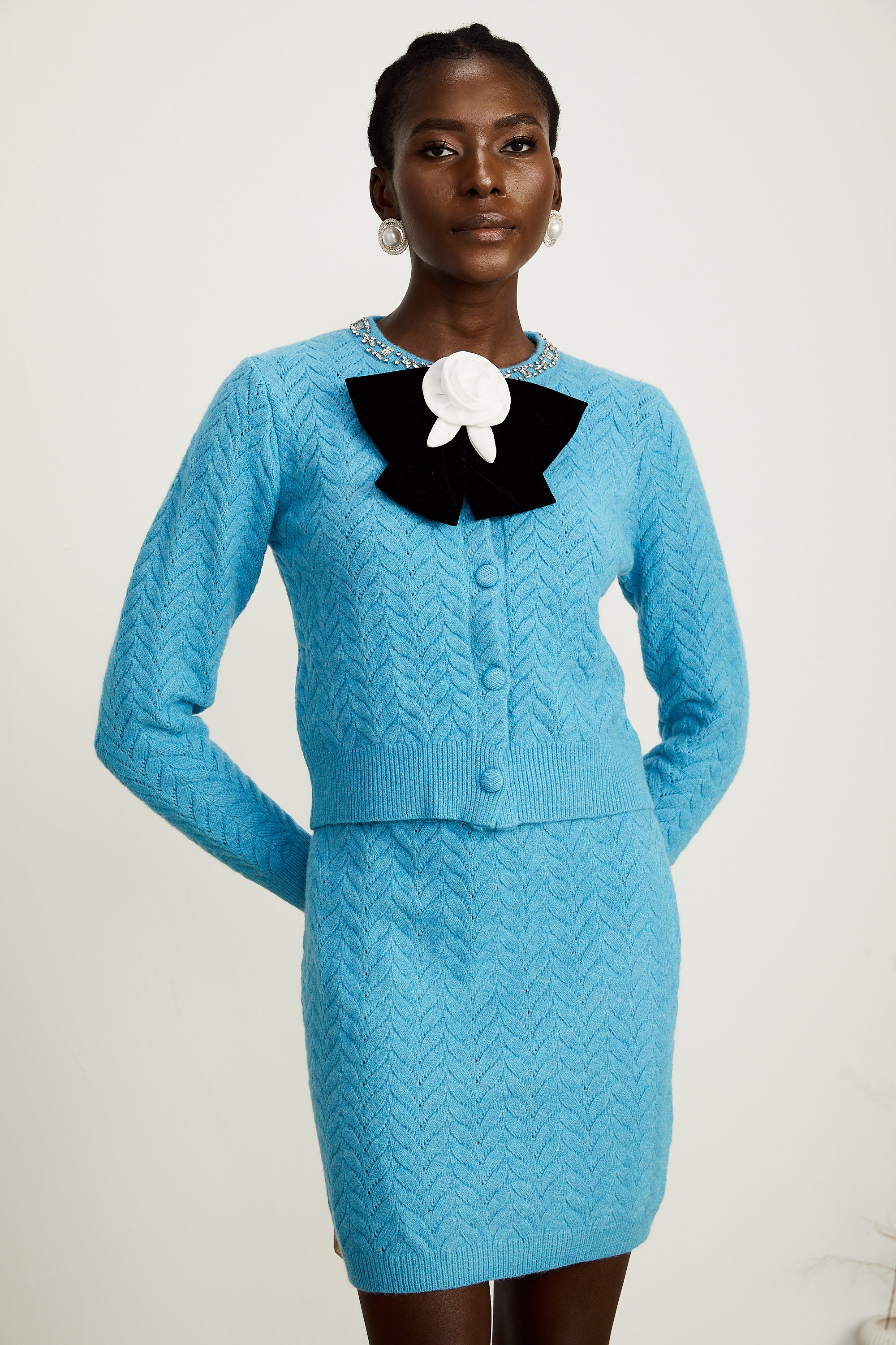 Aliénor blue knitted embellished cardigan & skirt matching set