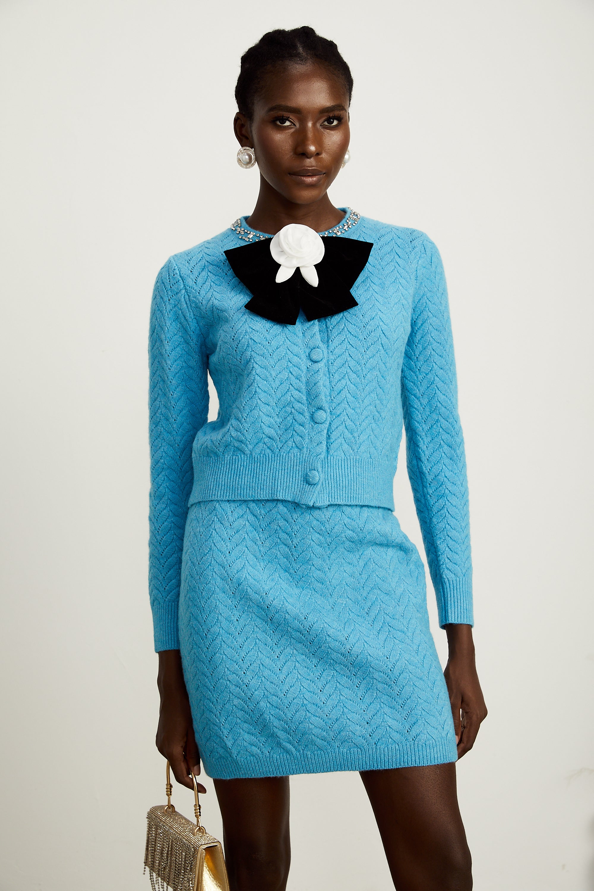 Aliénor blue knitted embellished cardigan & skirt matching set