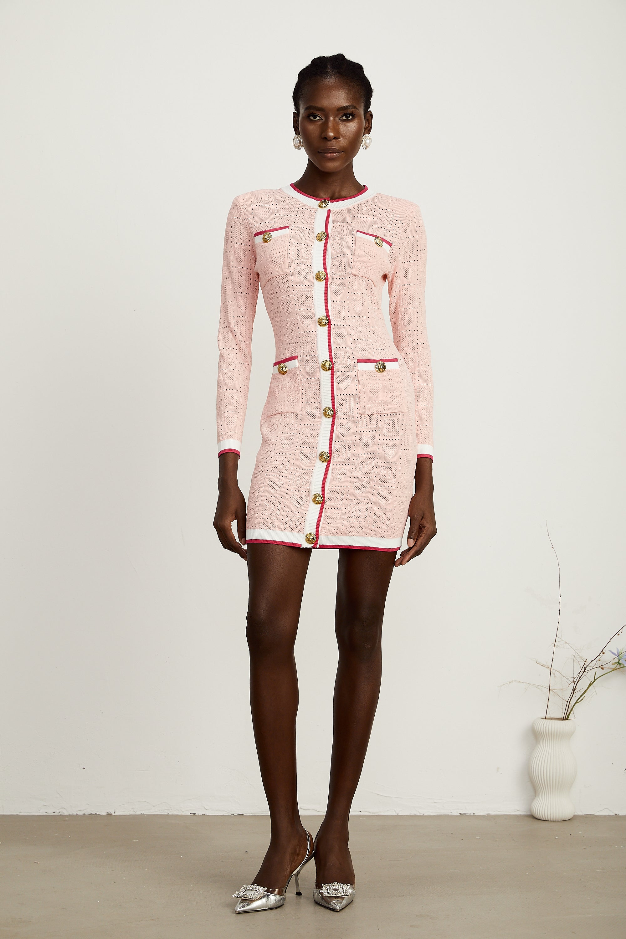 Karine pink long-sleeve patterned-knit mini dress