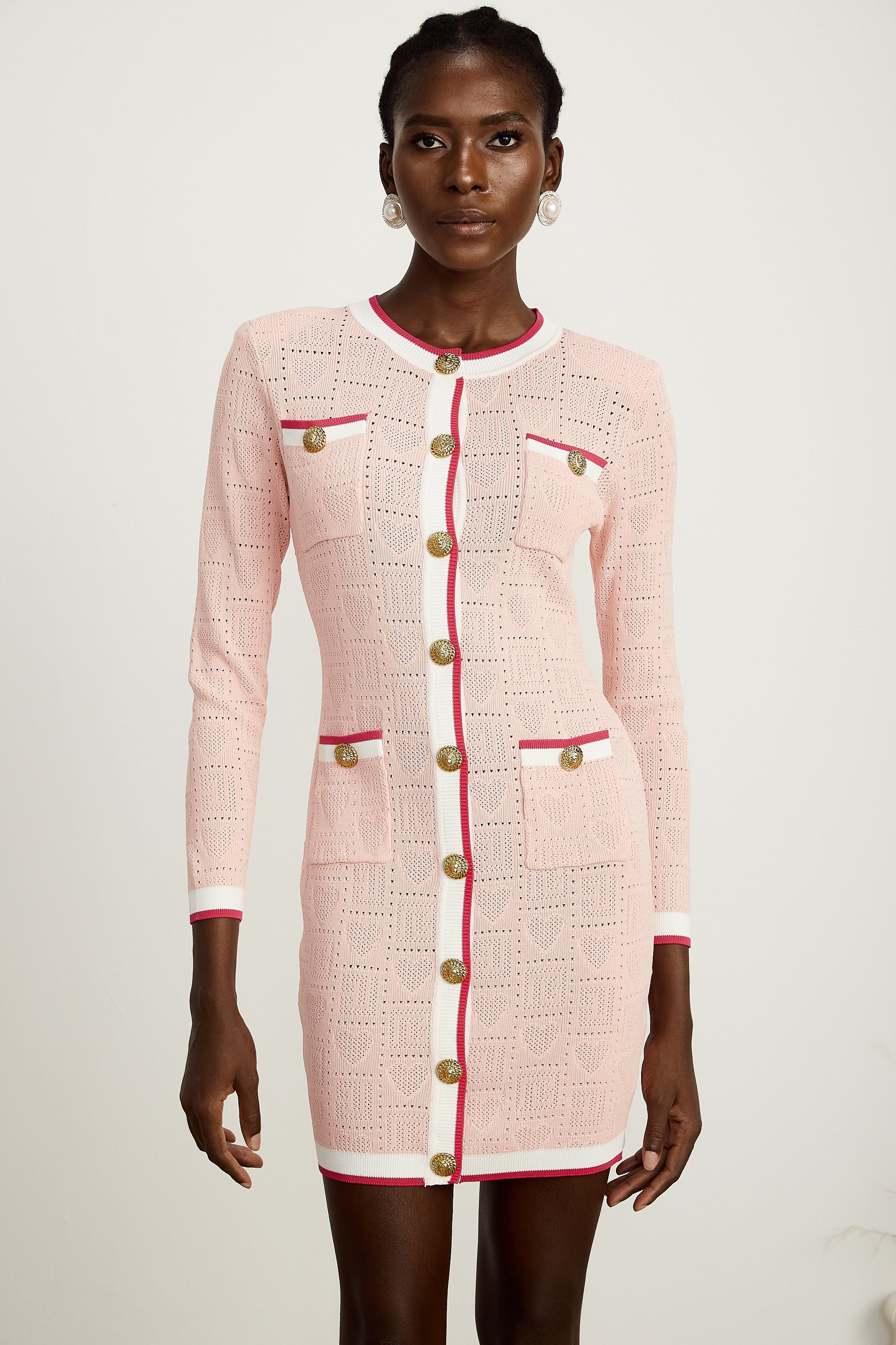 Karine pink long-sleeve patterned-knit mini dress