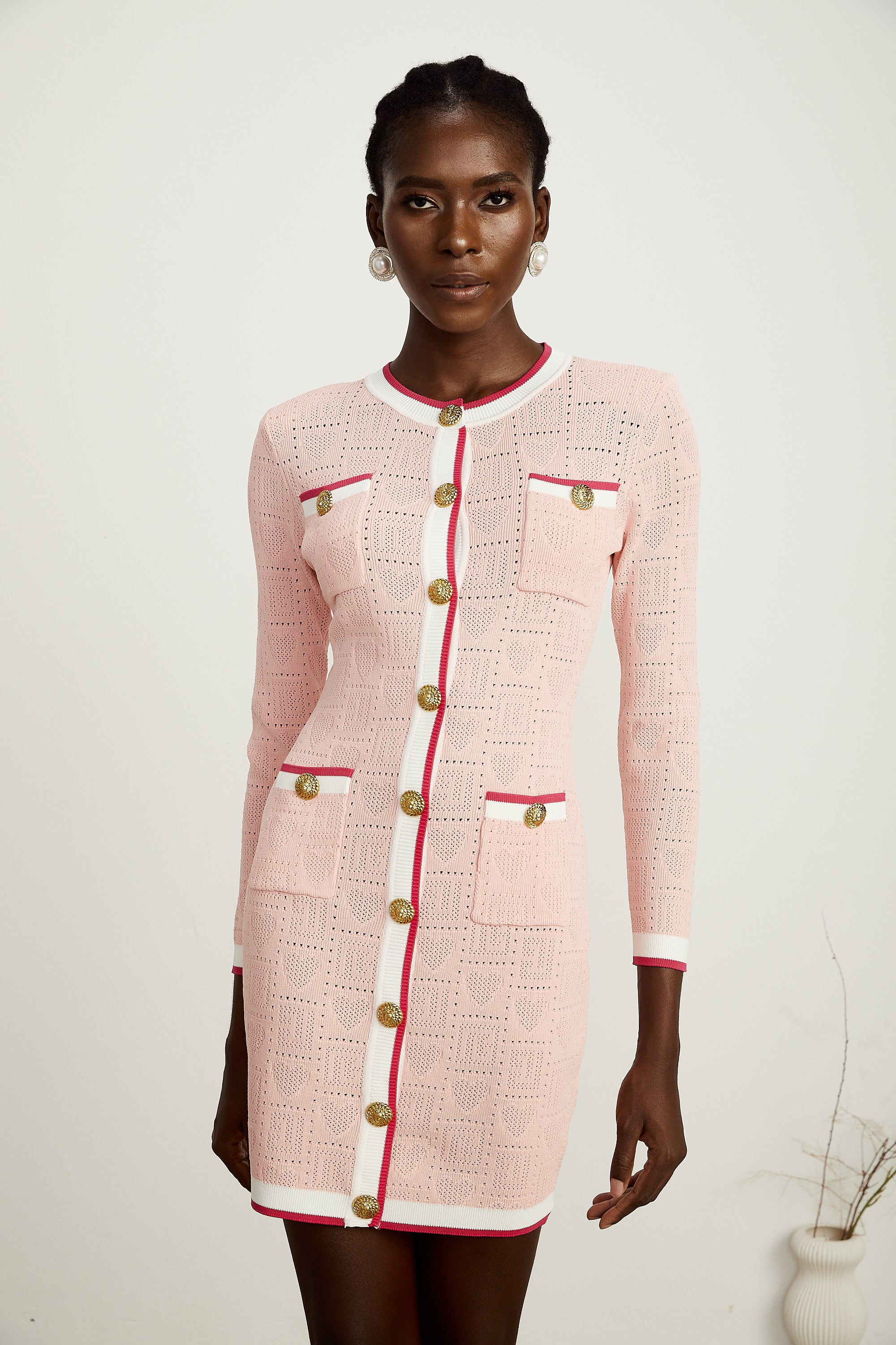 Karine pink long-sleeve patterned-knit mini dress