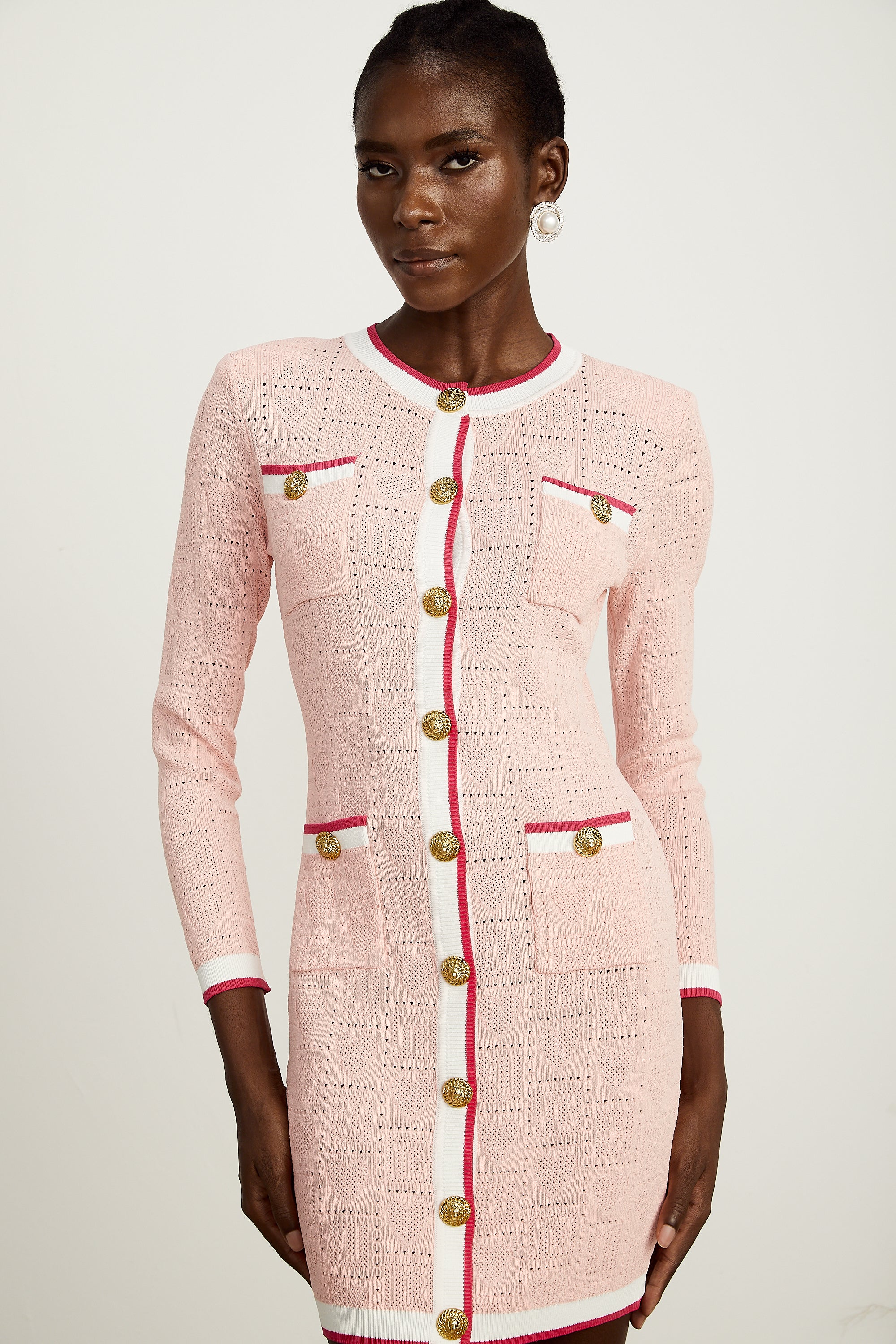 Karine pink long-sleeve patterned-knit mini dress