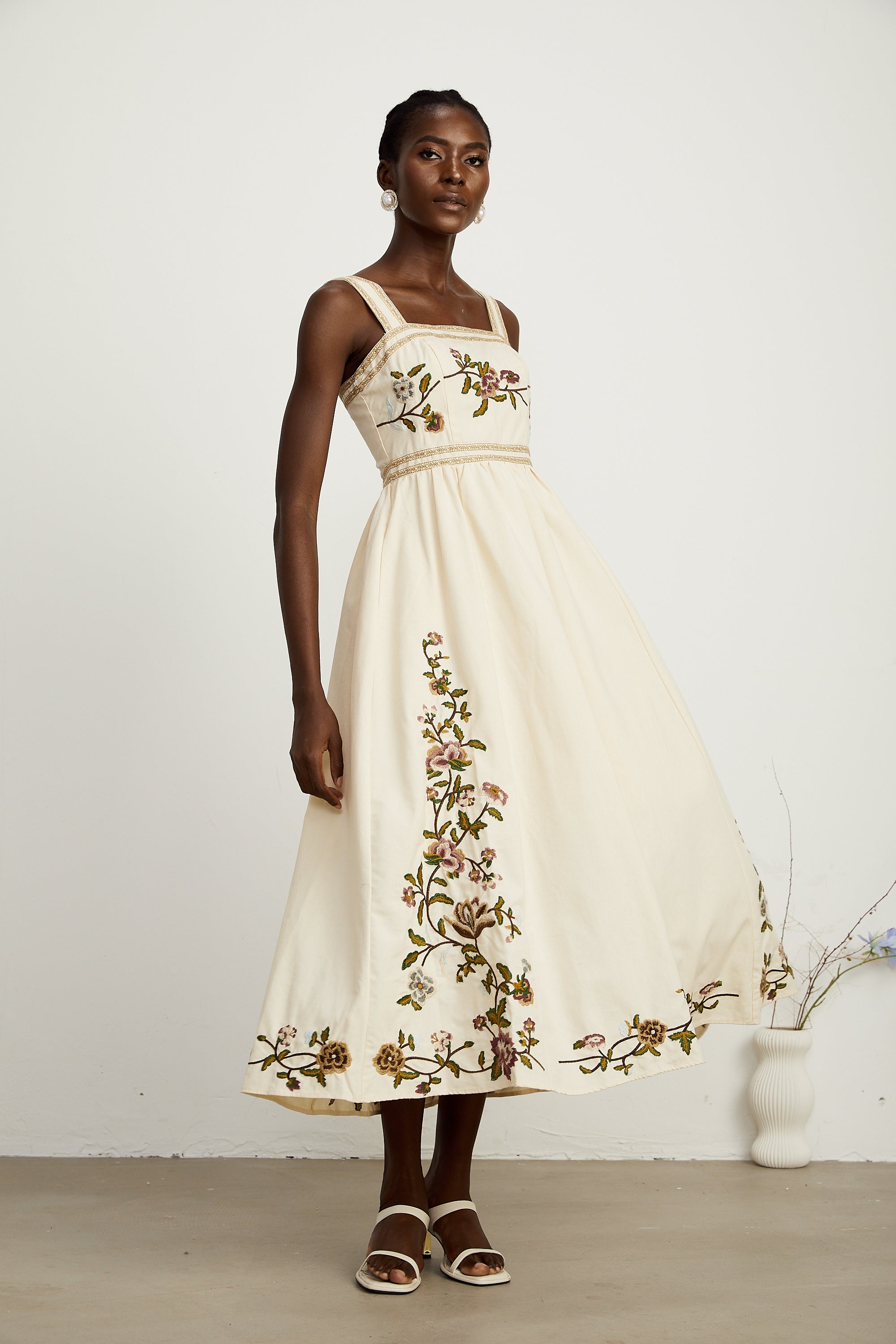 Kimberley floral-embroidery sleeveless midi dress