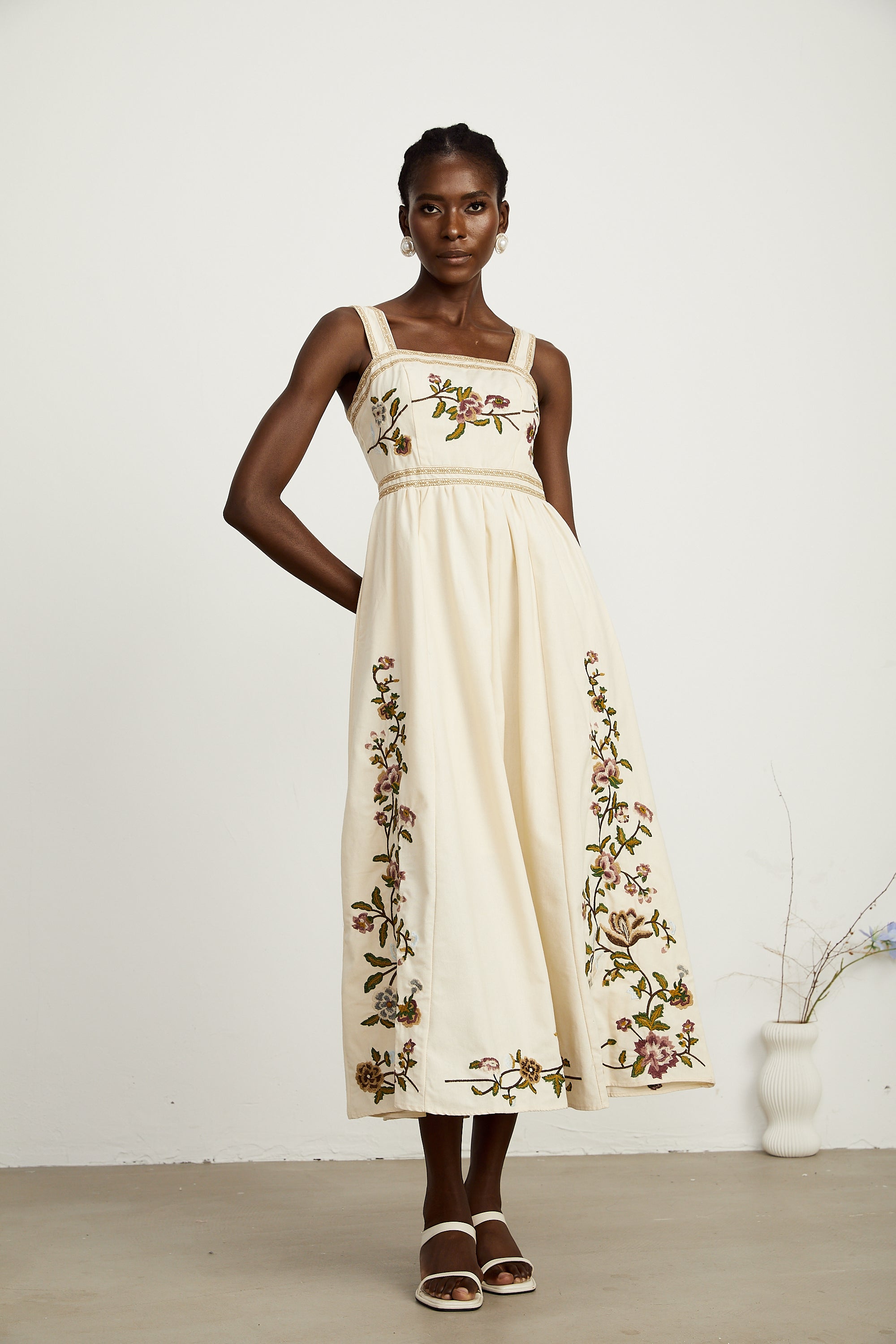 Kimberley floral-embroidery sleeveless midi dress