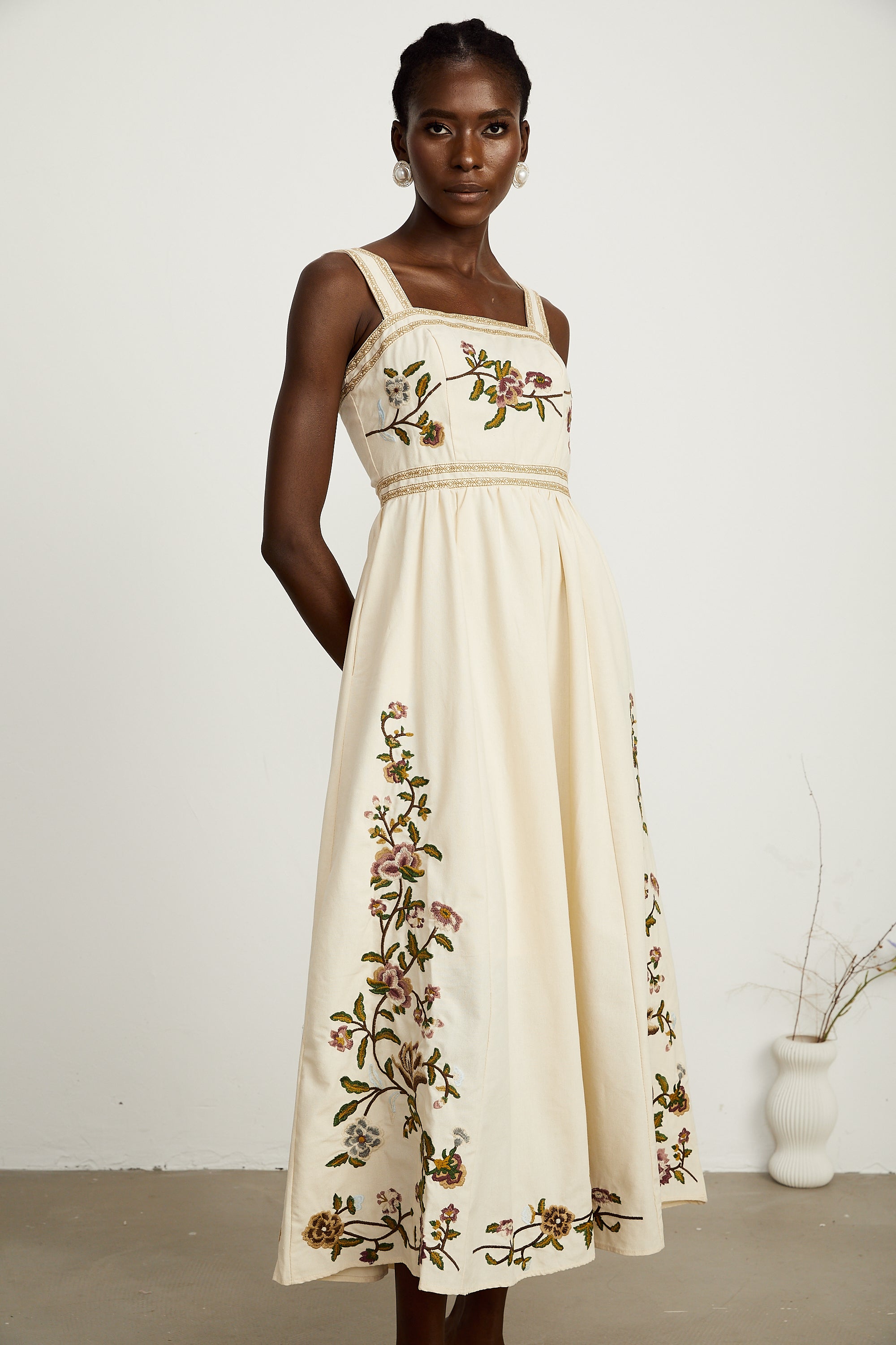 Kimberley floral-embroidery sleeveless midi dress