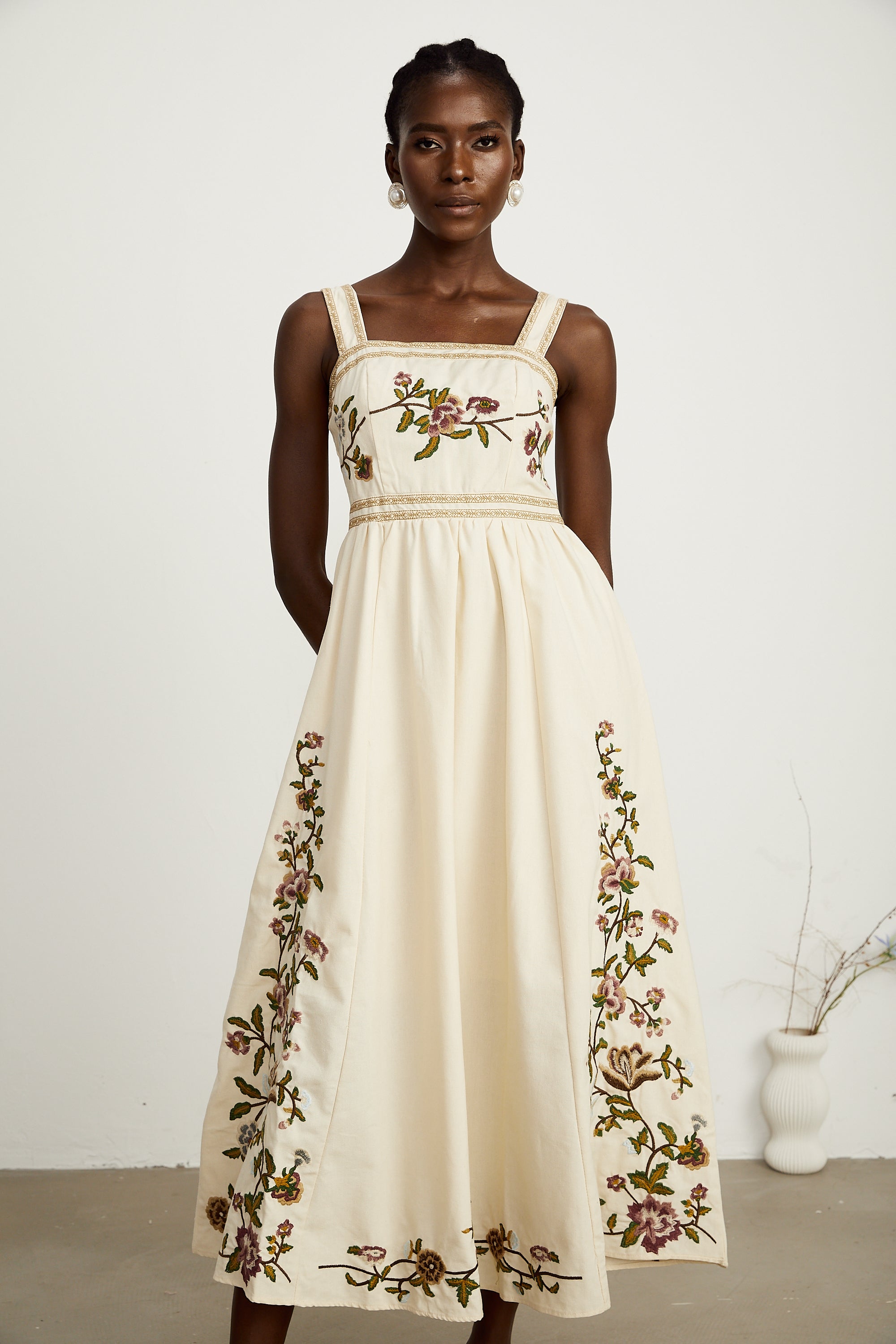 Kimberley floral-embroidery sleeveless midi dress