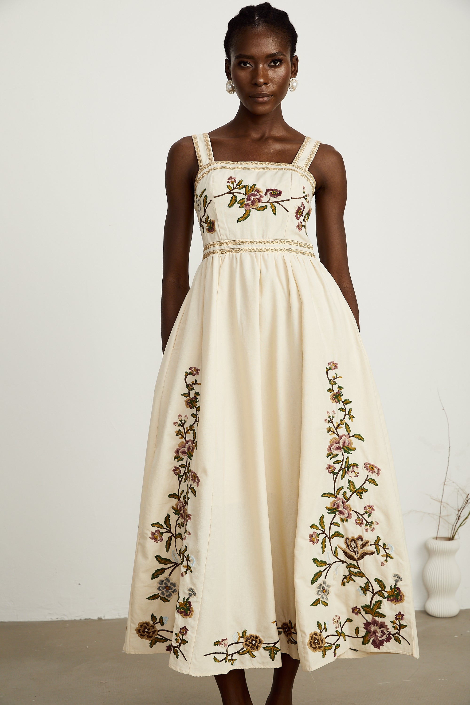 Kimberley floral-embroidery sleeveless midi dress