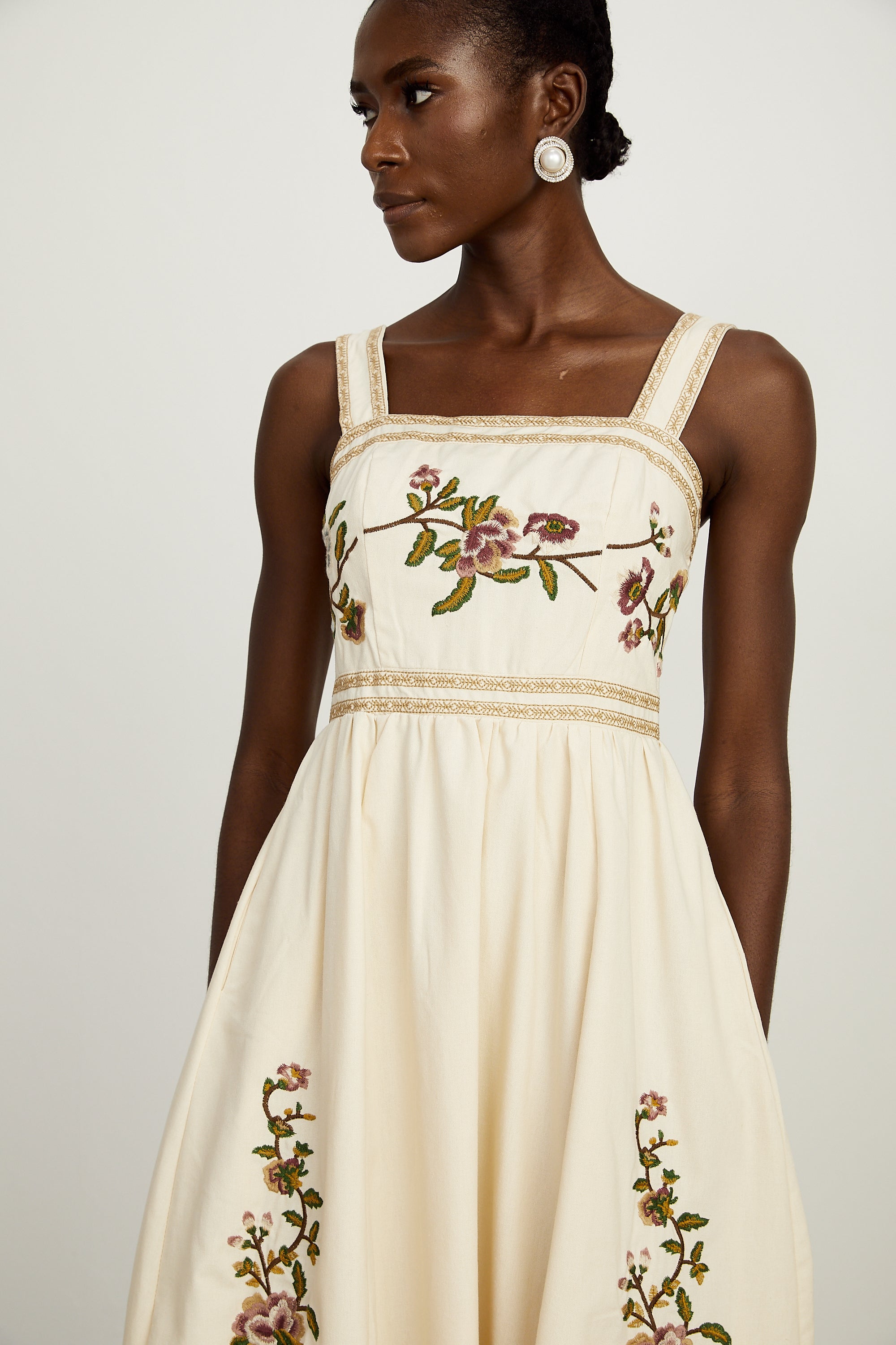 Kimberley floral-embroidery sleeveless midi dress