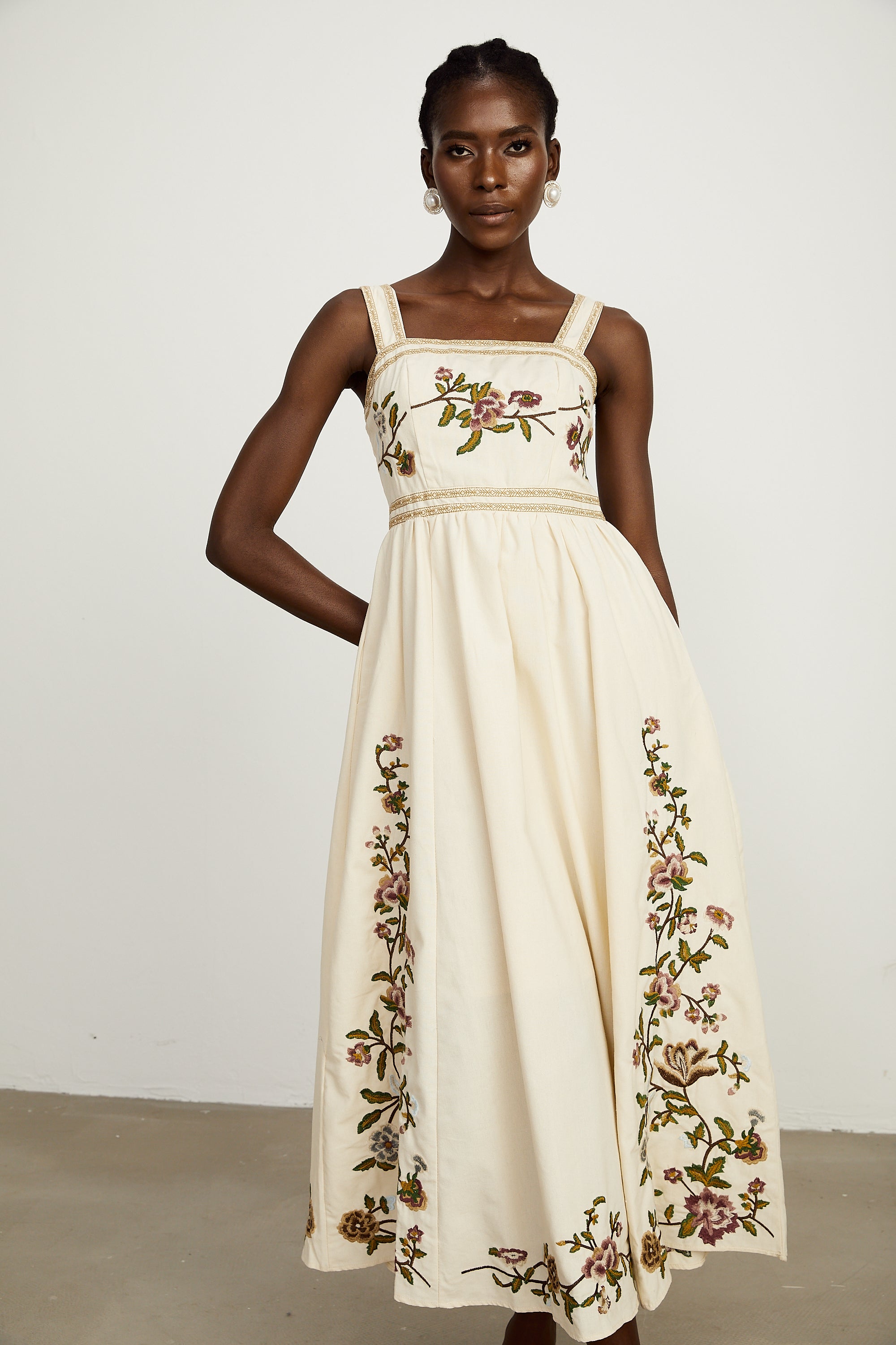 Kimberley floral-embroidery sleeveless midi dress