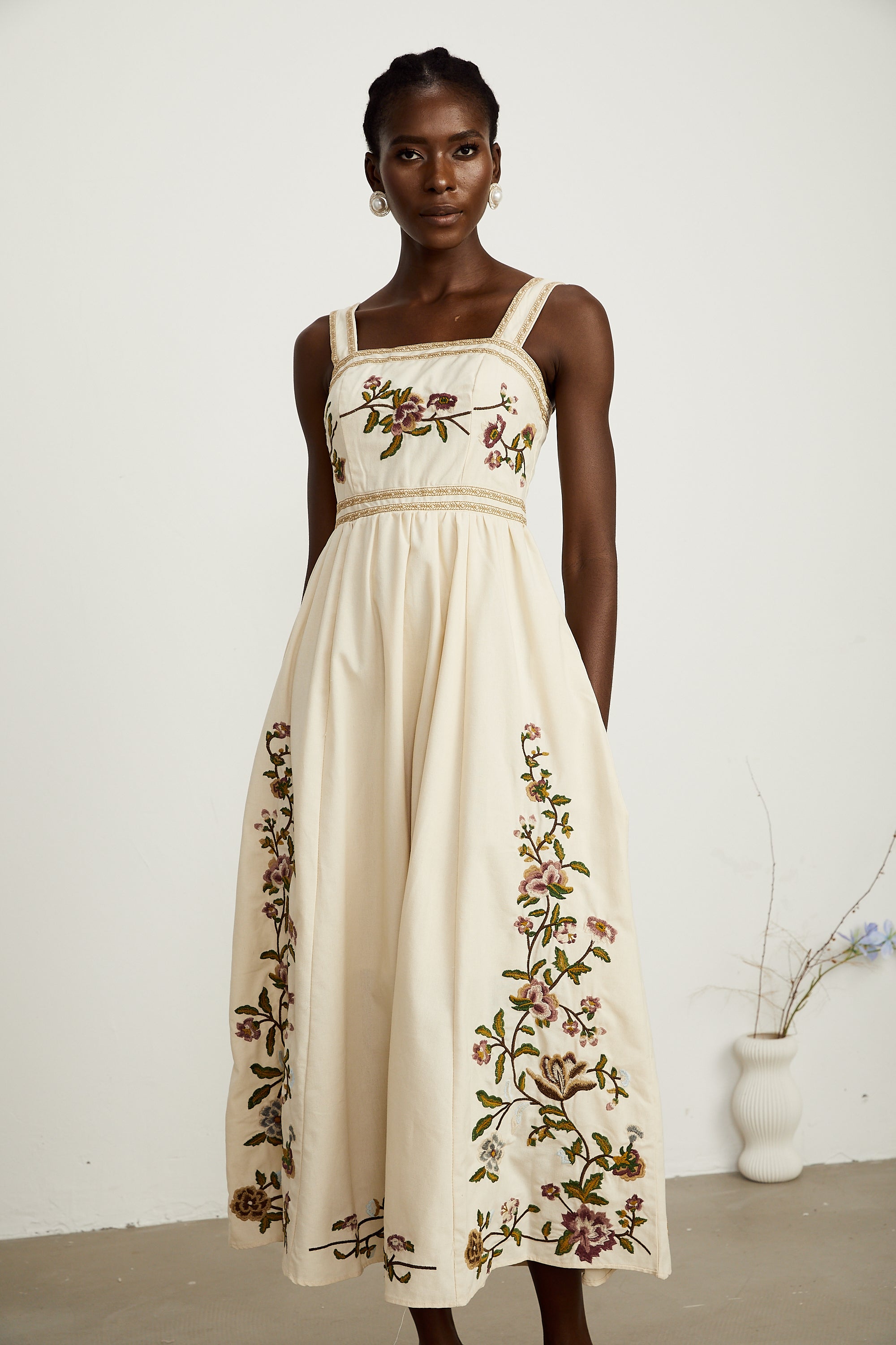 Kimberley floral-embroidery sleeveless midi dress