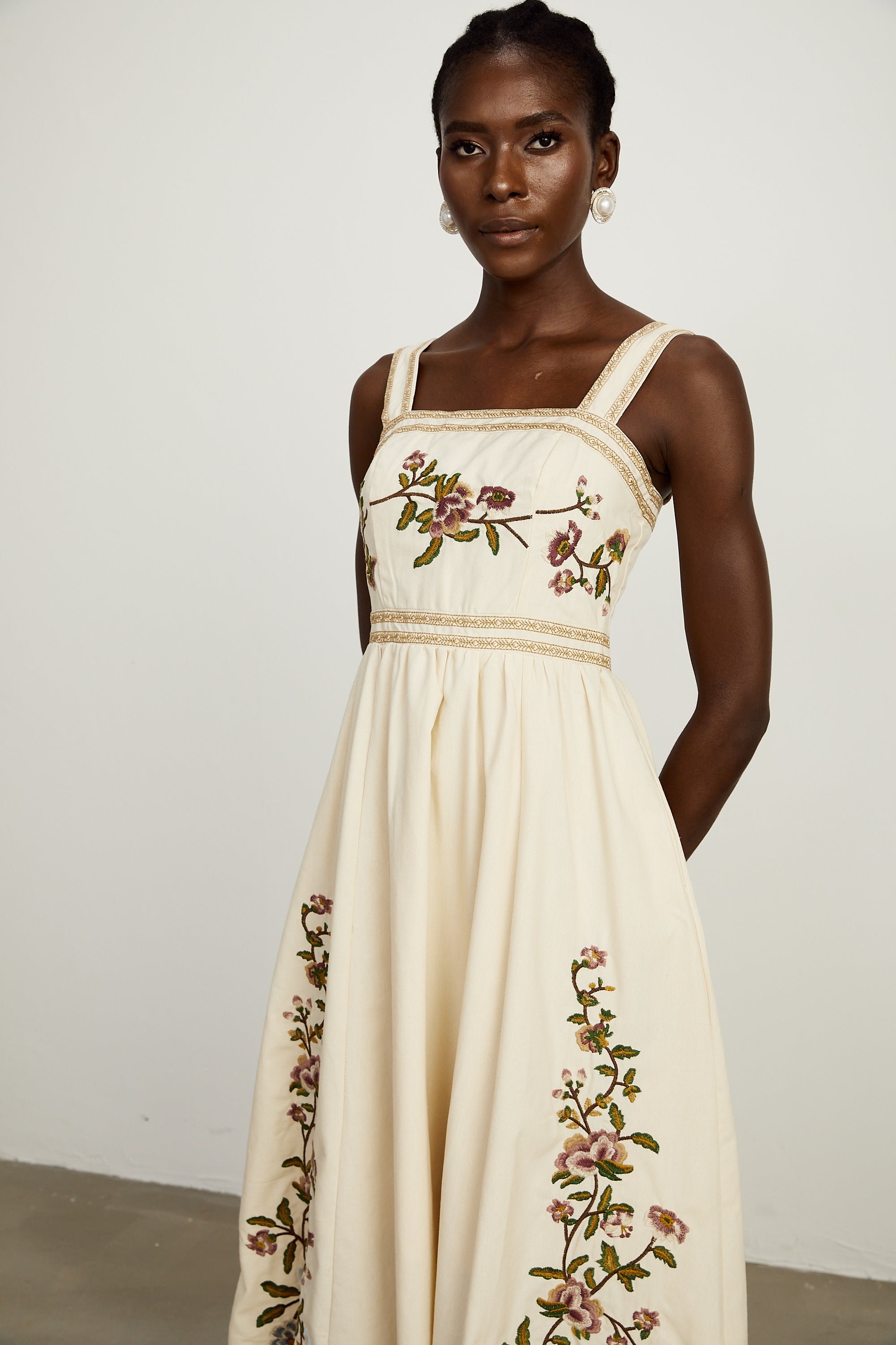 Kimberley floral-embroidery sleeveless midi dress