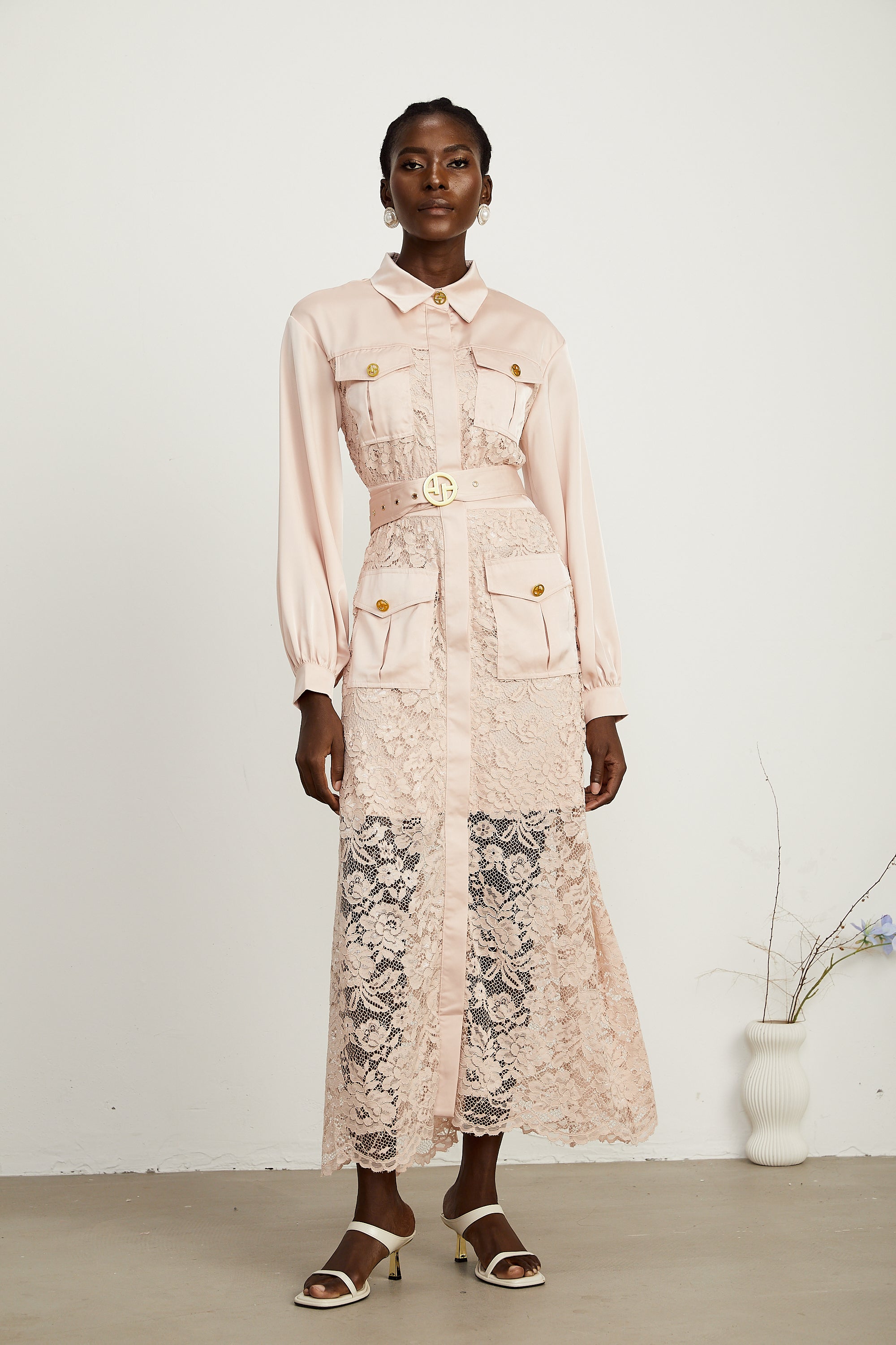 Delphine pink lace-panel belted midi dress